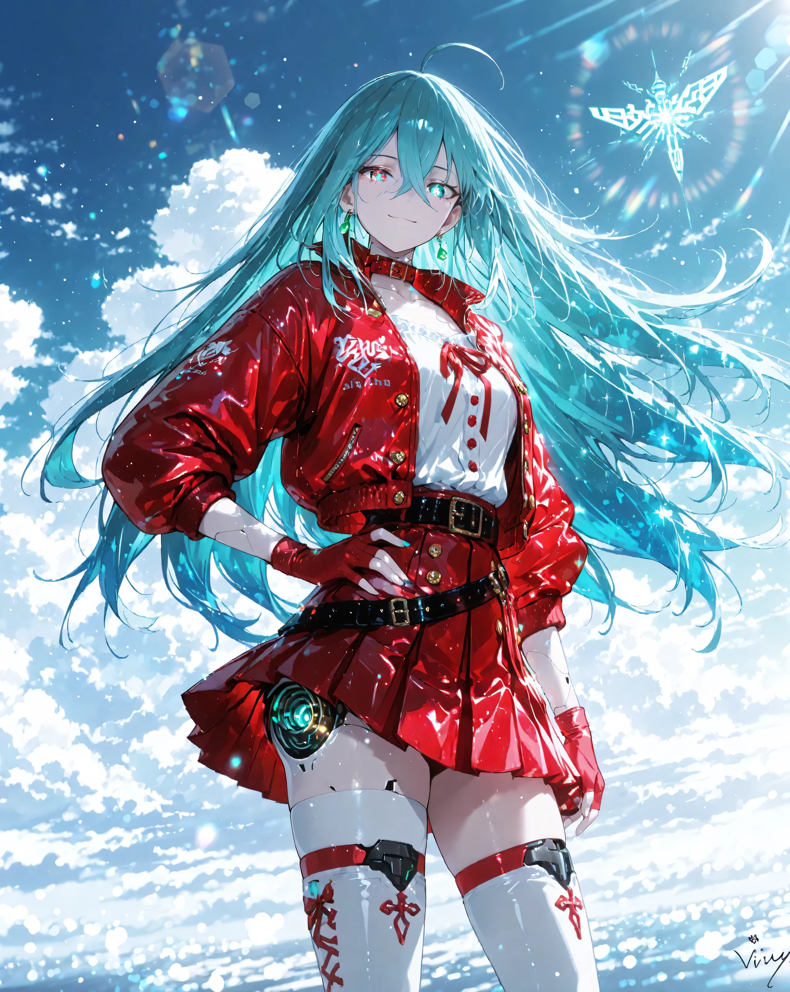 masterpiece, best quality, ultra-detailed, absurdres, finely detail, extremely detailed, 
Vivy, Diva from Vivy Fluorite Eye's Song, beautiful android songstress, 
very long flowing pale turquoise hair with subtle blue gradient, hair completely covering left eye, sharp straight bangs, single small ahoge floating, hair between eyes, 
striking fluorite blue eyes with faint magenta glow in pupils, delicate perfect face, gentle confident smile, looking at viewer, 
signature outfit, white sleeveless turtleneck blouse with large red ribbon bow at collar, red cropped bolero jacket with rolled sleeves and gold buttons, red fingerless long gloves, red pleated miniskirt with black belt, white thighhigh boots with red accents, 
small glowing cyan circular core at collarbone, green teardrop earrings swaying, subtle mechanical joints on arms and neck, 
elegant confident standing pose, hand on hip, soft wind, 
cinematic lighting, god rays, lens flare, depth of field, bokeh, sky background with fluffy clouds, floating light particles, 
vibrant colors, melancholic yet hopeful atmosphere, official art style by WIT STUDIO and Reberty