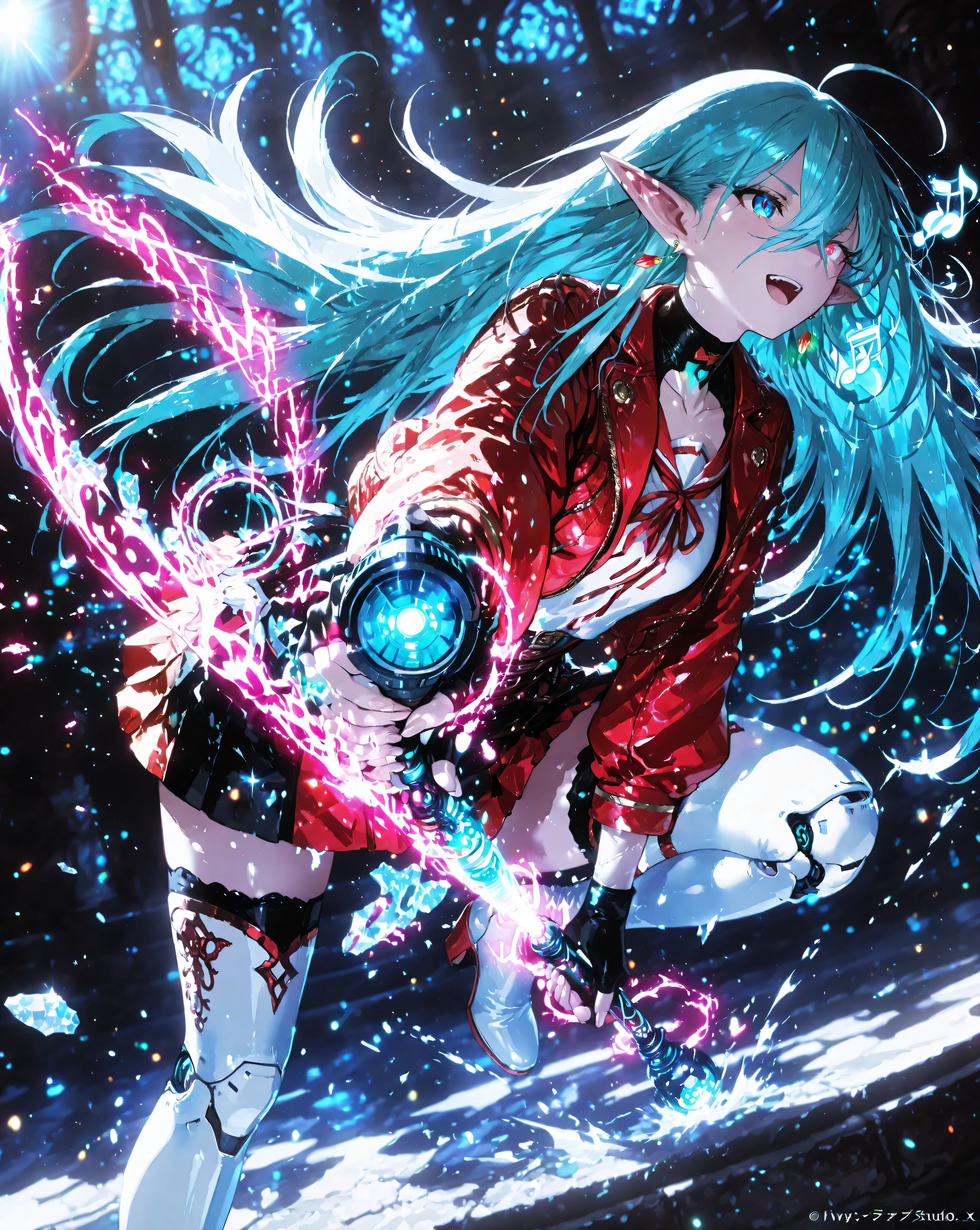 masterpiece, best quality, ultra-detailed, absurdres, extremely detailed, dynamic angle, motion blur, 
Vivy Diva from Vivy Fluorite Eye's Song, beautiful android songstress elf, fighting singer pose, 
very long flowing pale turquoise hair dramatically blowing in strong wind, hair completely covering left eye but strands flying wildly, sharp bangs fluttering, single ahoge dancing, long elegant pointed elf ears visible through flying hair, 
intense fluorite blue eyes with bright magenta glow, determined yet beautiful expression, slight smile, singing with passion, mouth slightly open, 
signature outfit fluttering in wind: white sleeveless turtleneck blouse with large red ribbon bow  behind, red cropped bolero jacket sleeves rolled and flapping, red fingerless gloves clenched, red pleated miniskirt flaring upward from jump/impact, white thighhigh boots with red accents mid-kick or landing pose, 
small glowing cyan core pulsing brightly at collarbone like heartbeat, green teardrop earrings swinging wildly, subtle mechanical joints sparking slightly from high speed movement, 
dynamic action pose: one leg raised high in kick, one arm extended forward as if shooting sound waves, other hand holding invisible microphone, body twisted diagonally, hair and clothes exploding outward, 
powerful wind effects, speed lines, impact particles, floating musical notes made of light shards, glowing cyan sound wave rings expanding from her body, 
low angle dynamic perspective, cinematic lighting, god rays cutting through dust, lens flare, depth of field, 
vibrant saturated colors, epic fantasy atmosphere, official art by WIT STUDIO x Tetsuya Nomura x Shigenori Soejima