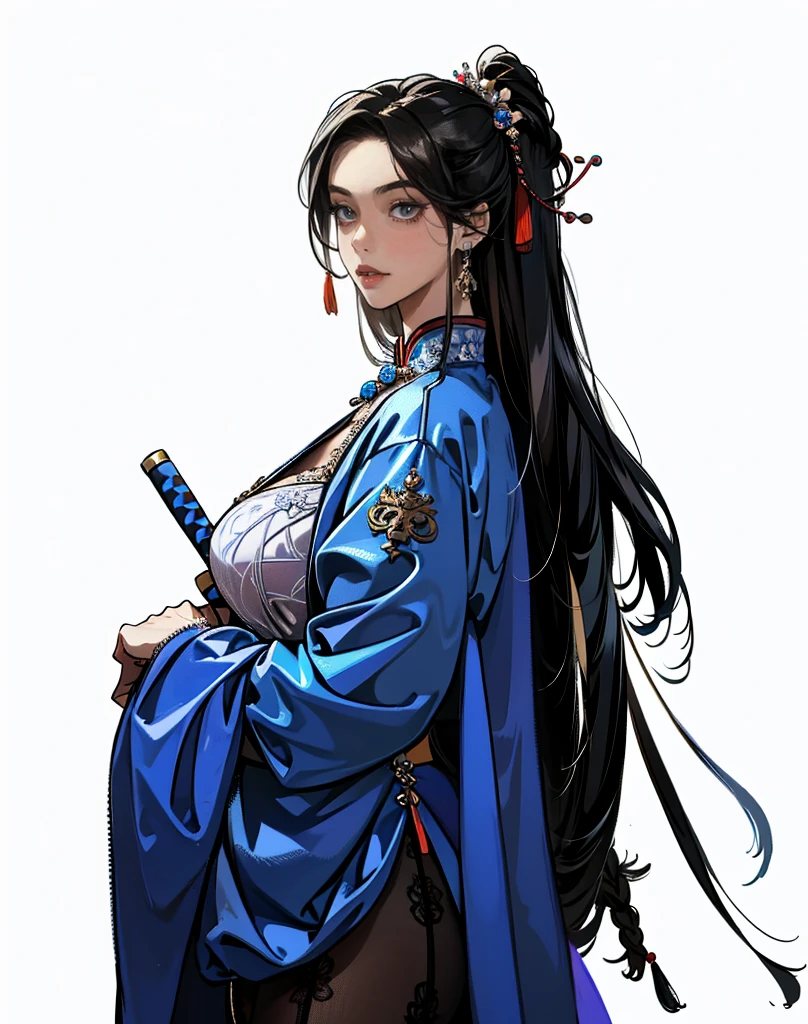 , obra-prima, melhor qualidade, ultra-detalhado, semi-realista, detailedfacialfeatures, 2 mulheres maduross,usando roupa hanfu antiga wuxia, cabelos brancos,compridos,olhos azuis,roupa da cor branca, mulher bonita,seios grandes,atraente,corpo voluptuoso e sensual,ousada mulher,standing on her feet, segurando duas espadas afiadas;,protagonista