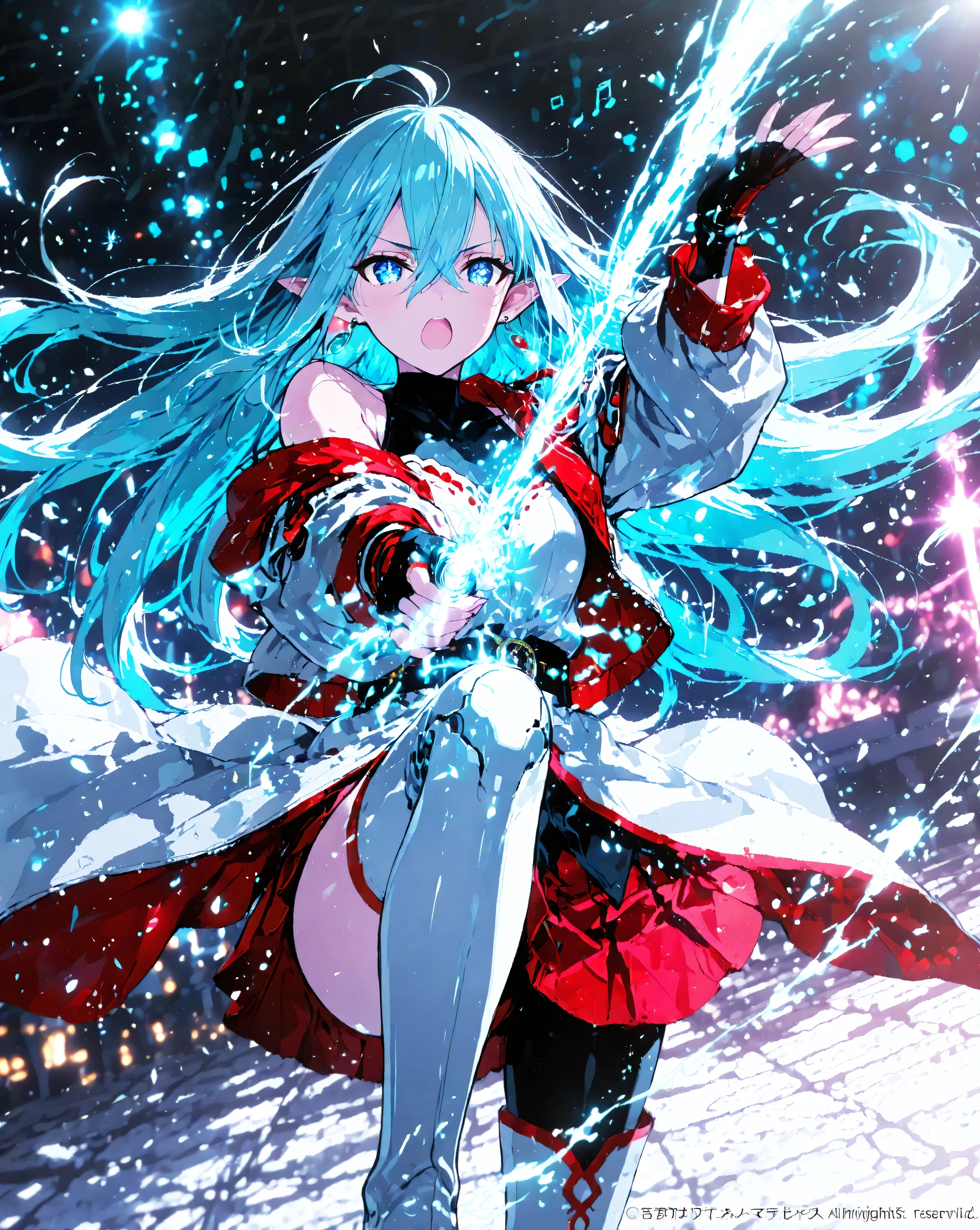 masterpiece, best quality, ultra-detailed, absurdres, extremely detailed, dynamic angle, motion blur,
Vivy Diva from Vivy Fluorite Eye's Song, beautiful android songstress elf, fighting singer pose,
very long flowing pale turquoise hair dramatically blowing in strong wind, hair completely covering left eye but strands flying wildly, sharp bangs fluttering, single ahoge dancing, long elegant pointed elf ears visible through flying hair,
intense fluorite blue eyes with bright magenta glow, determined yet beautiful expression, slight smile, singing with passion, mouth slightly open,
signature outfit fluttering in wind: white sleeveless turtleneck blouse with large red ribbon bow behind, red cropped bolero jacket sleeves rolled and flapping, red fingerless gloves clenched, red pleated miniskirt flaring upward from jump/impact, white thighhigh boots with red accents mid-kick or landing pose,
small glowing cyan core pulsing brightly at collarbone like heartbeat, green teardrop earrings swinging wildly, subtle mechanical joints sparking slightly from high speed movement,
dynamic action pose: one leg raised high in kick, one arm extended forward as if shooting sound waves, other hand holding invisible microphone, body twisted diagonally, hair and clothes exploding outward,
powerful wind effects, speed lines, impact particles, floating musical notes made of light shards, glowing cyan sound wave rings expanding from her body,
low angle dynamic perspective, cinematic lighting, god rays cutting through dust, lens flare, depth of field,
vibrant saturated colors, epic fantasy atmosphere, official art by WIT STUDIO x Tetsuya Nomura x Shigenori Soejima