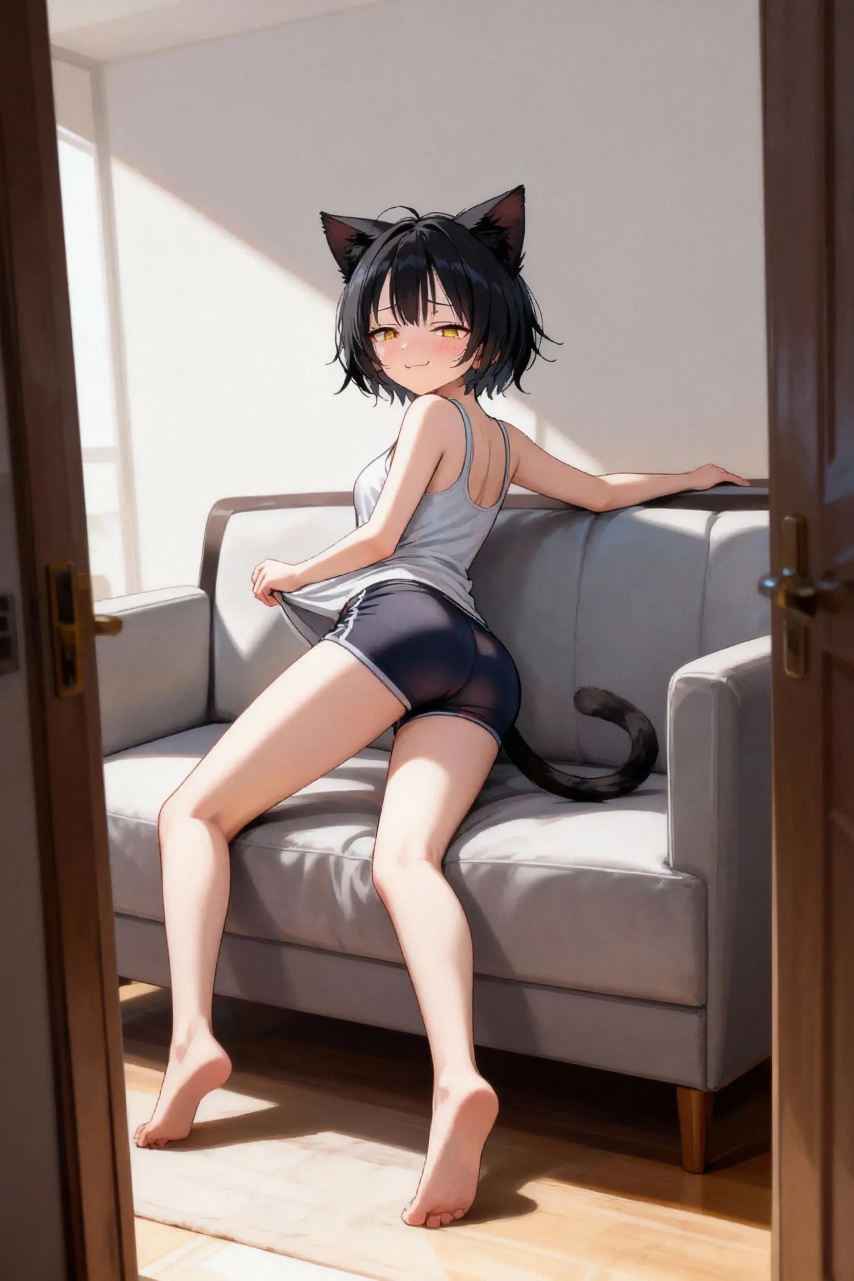 masterpiece,One girl,alone ,Heart-shaped pupils,Open the front,hoodie,,  Static Restraints,Exposing her ???????　Dark blue hair girl, Cat ears and tail, Wearing a tank top and racing pants.　Loli body type　　Twin tails　Female ????????? is visible　　Detailed depiction of female ?????????　Flat ?????　Stern expression　With ??????????　カレーを食べている
