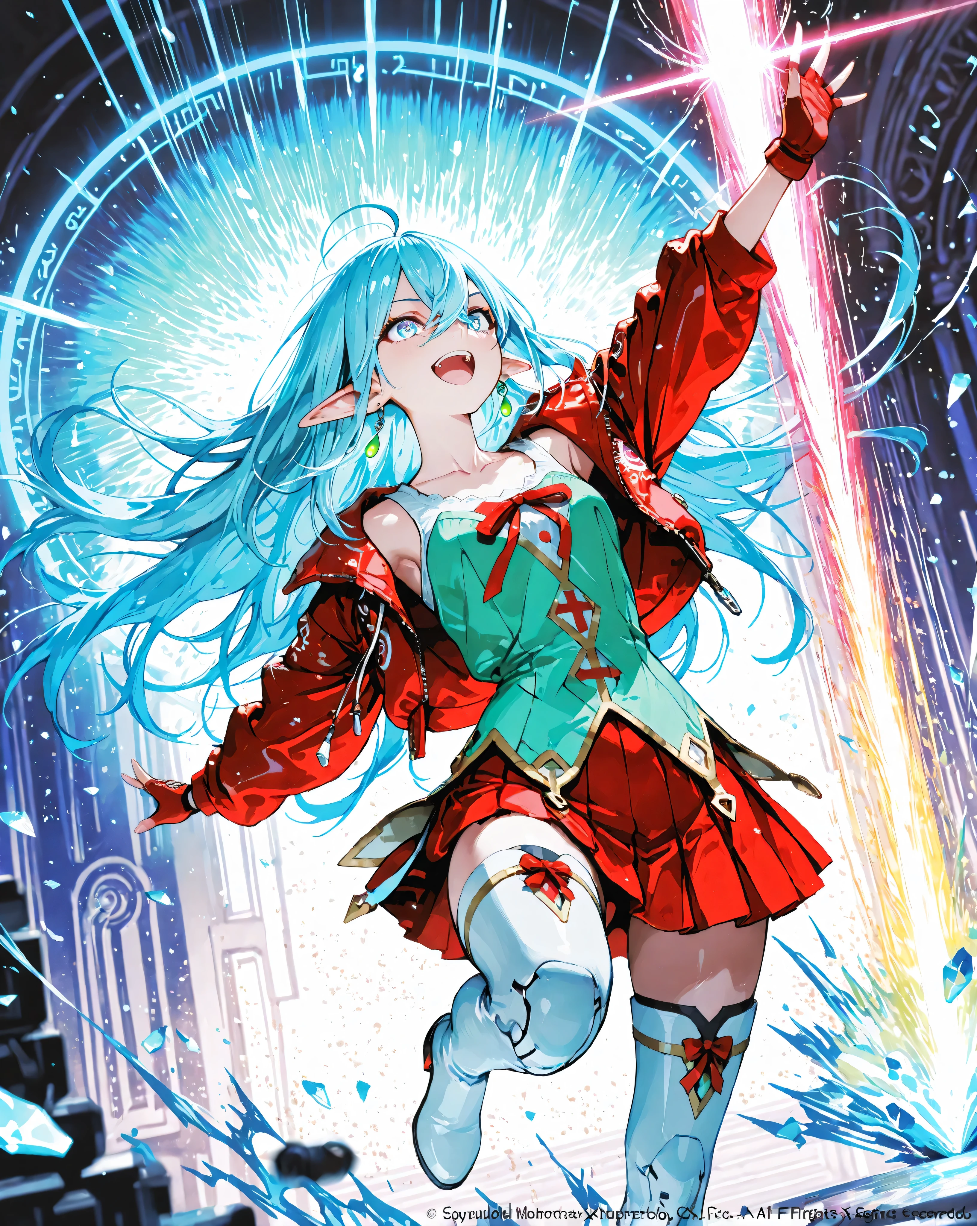 masterpiece, best quality, ultra-detailed, absurdres, extremely detailed, dynamic angle, motion blur,
Vivy Diva from Vivy Fluorite Eye's Song, beautiful android songstress elf, fighting singer pose,
very long flowing pale turquoise hair dramatically blowing in strong wind, hair completely covering left eye but strands flying wildly, sharp bangs fluttering, single ahoge dancing, long elegant pointed elf ears visible through flying hair,
intense fluorite blue eyes with bright magenta glow, determined yet beautiful expression, slight smile, singing with passion, mouth slightly open,
signature outfit fluttering in wind: white sleeveless turtleneck blouse with large red ribbon bow behind, red cropped bolero jacket sleeves rolled and flapping, red fingerless gloves clenched, red pleated miniskirt flaring upward from jump/impact, white thighhigh boots with red accents mid-kick or landing pose,
small glowing cyan core pulsing brightly at collarbone like heartbeat, green teardrop earrings swinging wildly, subtle mechanical joints sparking slightly from high speed movement,
dynamic action pose: one leg raised high in kick, one arm extended forward as if shooting sound waves, other hand holding invisible microphone, body twisted diagonally, hair and clothes exploding outward,
powerful wind effects, speed lines, impact particles, floating musical notes made of light shards, glowing cyan sound wave rings expanding from her body,
low angle dynamic perspective, cinematic lighting, god rays cutting through dust, lens flare, depth of field,
vibrant saturated colors, epic fantasy atmosphere, official art by WIT STUDIO x Tetsuya Nomura x Shigenori Soejima