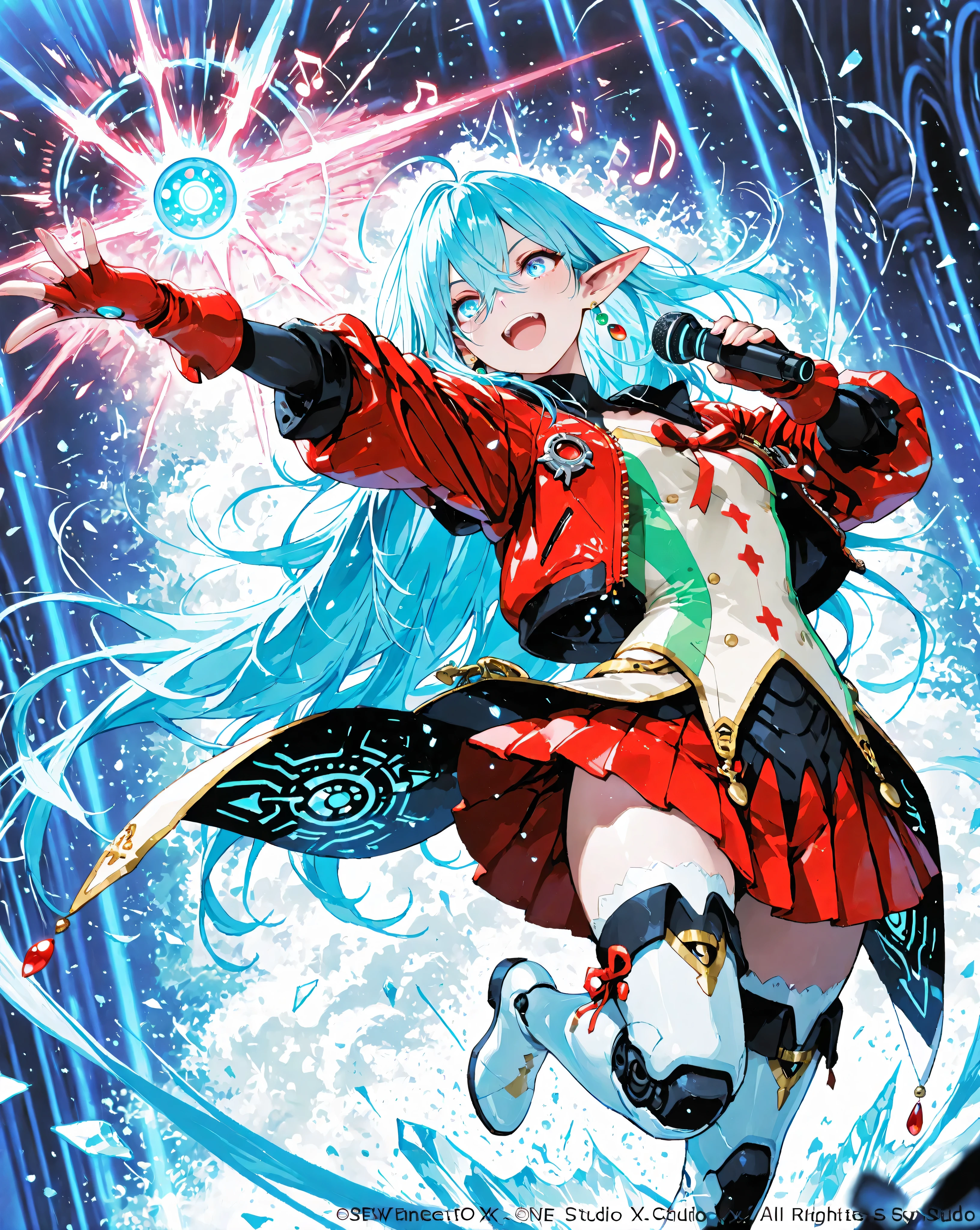 masterpiece, best quality, ultra-detailed, absurdres, extremely detailed, dynamic angle, motion blur, 
Vivy Diva from Vivy Fluorite Eye's Song, beautiful android songstress elf, fighting singer pose, 
very long flowing pale turquoise hair dramatically blowing in strong wind, hair completely covering left eye but strands flying wildly, sharp bangs fluttering, single ahoge dancing, long elegant pointed elf ears visible through flying hair, 
intense fluorite blue eyes with bright magenta glow, determined yet beautiful expression, slight smile, singing with passion, mouth slightly open, 
signature outfit fluttering in wind: white sleeveless turtleneck blouse with large red ribbon bow  behind, red cropped bolero jacket sleeves rolled and flapping, red fingerless gloves clenched, red pleated miniskirt flaring upward from jump/impact, white thighhigh boots with red accents mid-kick or landing pose, 
small glowing cyan core pulsing brightly at collarbone like heartbeat, green teardrop earrings swinging wildly, subtle mechanical joints sparking slightly from high speed movement, 
dynamic action pose: one leg raised high in kick, one arm extended forward as if shooting sound waves, other hand holding invisible microphone, body twisted diagonally, hair and clothes exploding outward, 
powerful wind effects, speed lines, impact particles, floating musical notes made of light shards, glowing cyan sound wave rings expanding from her body, 
low angle dynamic perspective, cinematic lighting, god rays cutting through dust, lens flare, depth of field, 
vibrant saturated colors, epic fantasy atmosphere, official art by WIT STUDIO x Tetsuya Nomura x Shigenori Soejima