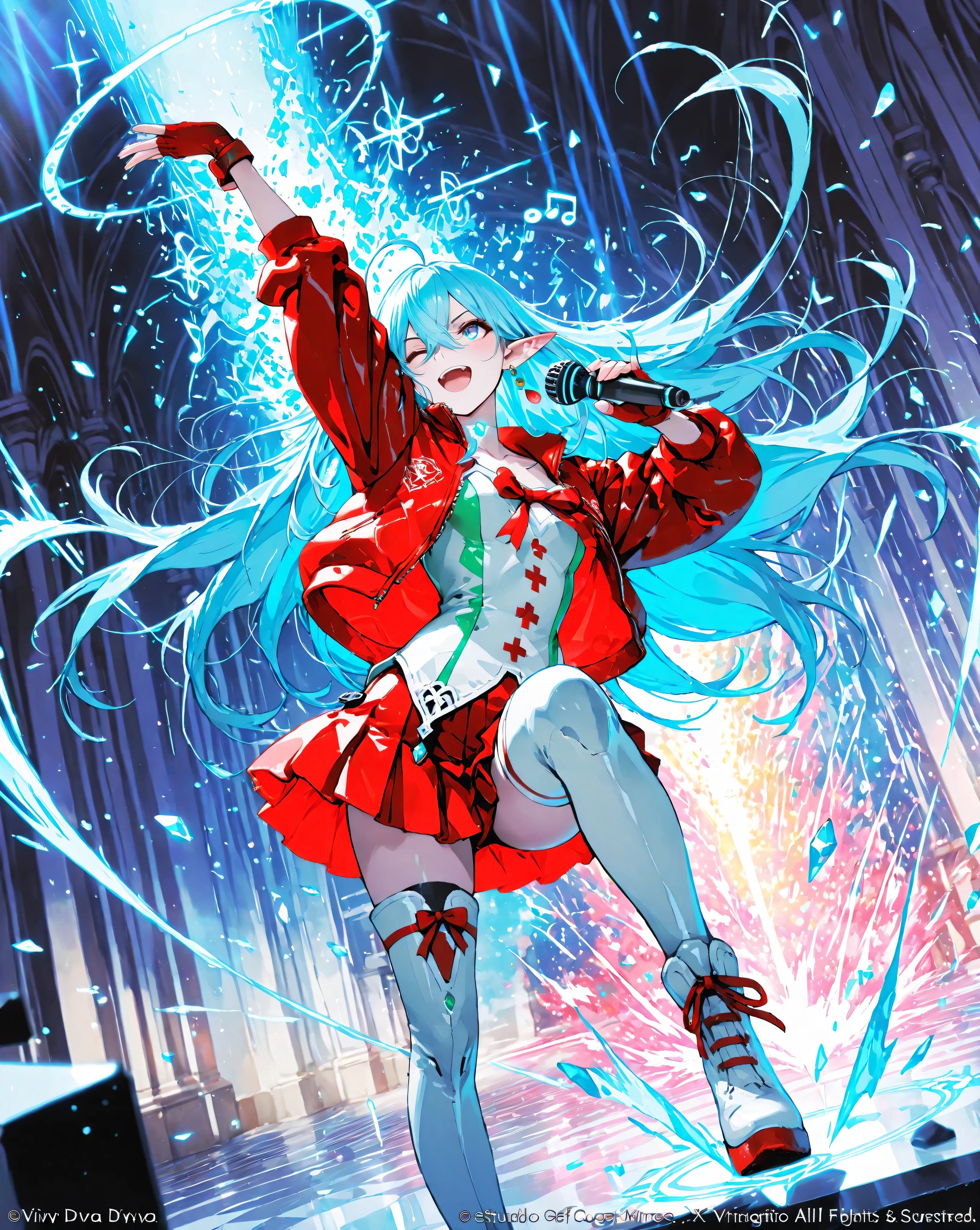 masterpiece, best quality, ultra-detailed, absurdres, extremely detailed, dynamic angle, motion blur,
Vivy Diva from Vivy Fluorite Eye's Song, beautiful android songstress elf, fighting singer pose,
very long flowing pale turquoise hair dramatically blowing in strong wind, hair completely covering left eye but strands flying wildly, sharp bangs fluttering, single ahoge dancing, long elegant pointed elf ears visible through flying hair,
intense fluorite blue eyes with bright magenta glow, determined yet beautiful expression, slight smile, singing with passion, mouth slightly open,
signature outfit fluttering in wind: white sleeveless turtleneck blouse with large red ribbon bow behind, red cropped bolero jacket sleeves rolled and flapping, red fingerless gloves clenched, red pleated miniskirt flaring upward from jump/impact, white thighhigh boots with red accents mid-kick or landing pose,
small glowing cyan core pulsing brightly at collarbone like heartbeat, green teardrop earrings swinging wildly, subtle mechanical joints sparking slightly from high speed movement,
dynamic action pose: one leg raised high in kick, one arm extended forward as if shooting sound waves, other hand holding invisible microphone, body twisted diagonally, hair and clothes exploding outward,
powerful wind effects, speed lines, impact particles, floating musical notes made of light shards, glowing cyan sound wave rings expanding from her body,
low angle dynamic perspective, cinematic lighting, god rays cutting through dust, lens flare, depth of field,
vibrant saturated colors, epic fantasy atmosphere, official art by WIT STUDIO x Tetsuya Nomura x Shigenori Soejima