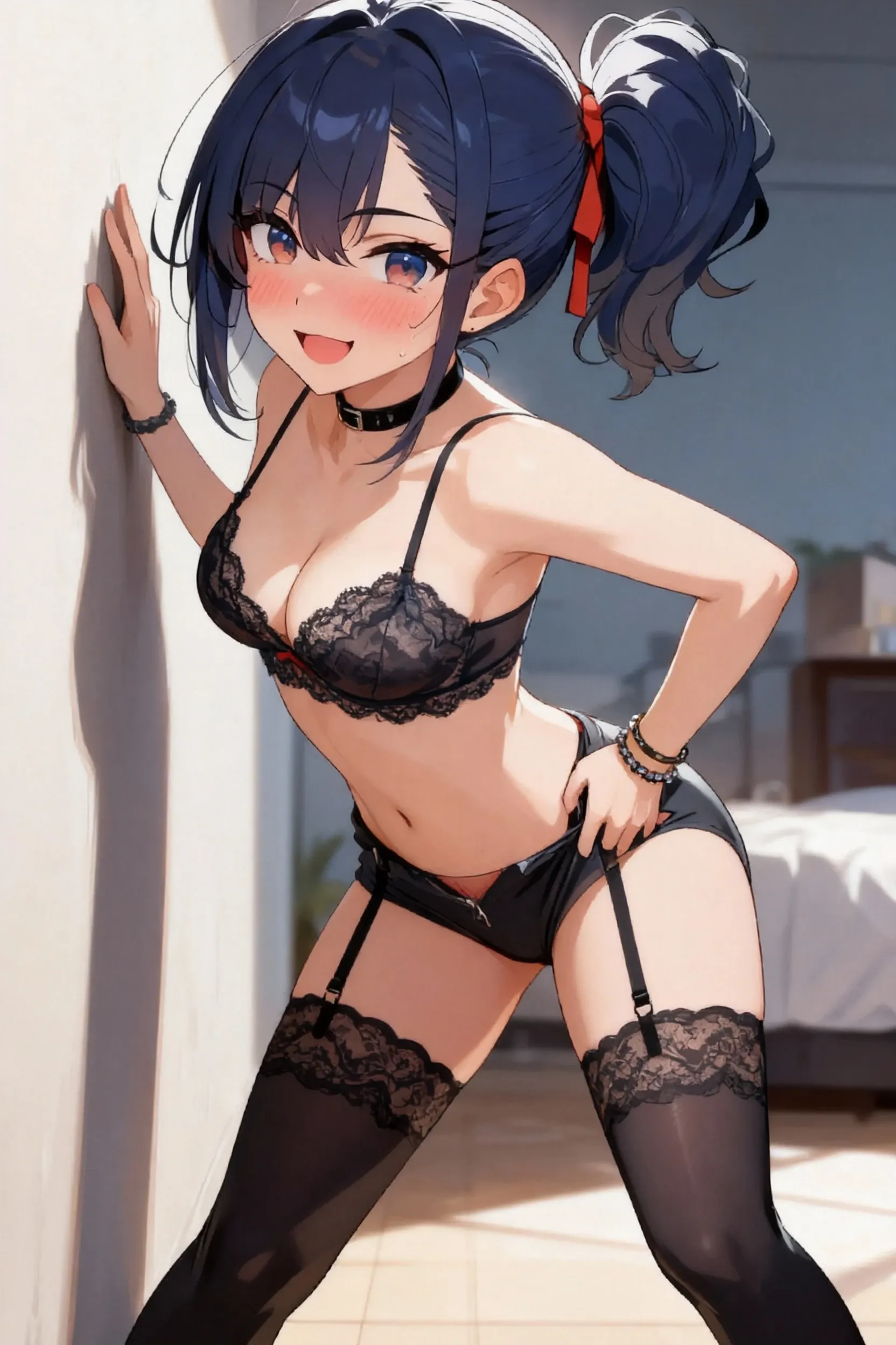 pokemonmay, pokemonmay, blue eyes, brown hair, bandana, long hair,bandana, twintails, hair between eyes, (small :1.2),
, transparent lingerie,stocking suspenders,cleavege,neckline,black choker,
BREAK looking at viewer, 
BREAK on bed,room,candles, night, silk bed,
BREAK (masterpiece:1.2), best quality, high resolution, unity 8k wallpaper, (illustration:0.8), (beautiful detailed eyes:1.6), extremely detailed face, perfect lighting, extremely detailed CG, (perfect hands, perfect anatomy),full body,from above, laying on back,