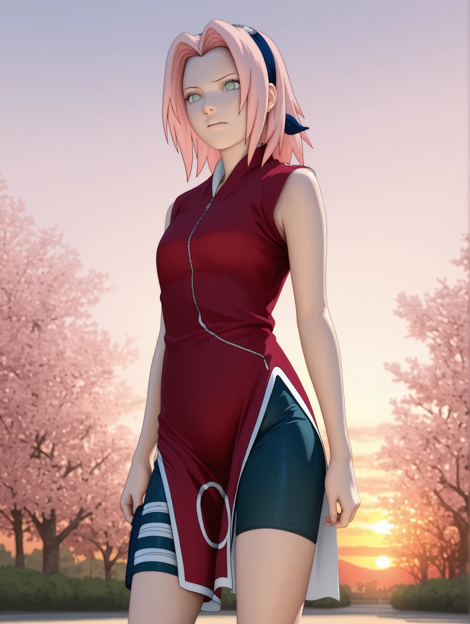 Haruno Sakura,1girl,official,bike shorts,Fearful Expression,soft thighs,detailed face,serene park,sakura trees,sunset sky,photorealistic,masterpiece,sharp focus,vivid colors,professional digital painting.