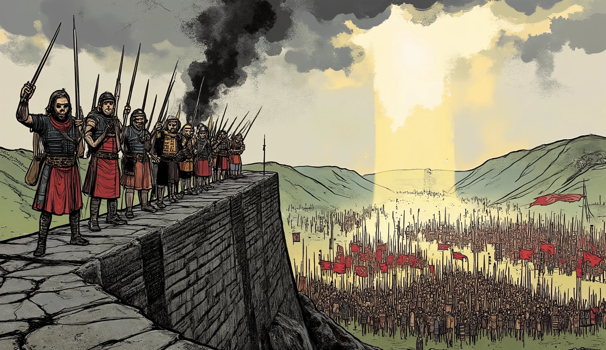 A wide, dramatic battlefield scene set on a rocky mountainside. In the foreground, a small group of 3,000 determined Albanian warriors stands shoulder to shoulder atop a stone fortress wall — weapons raised, eyes blazing with defiance. Their armor is battered but their stance unshaken. Their faces show exaggerated expressions of fearless resolve.
In the background, stretching across the valley below, an overwhelming sea of 100,000 Ottoman soldiers approaches in waves — rows of infantry, cavalry, and siege machines. Bold black outlines and high-contrast shading exaggerate the sheer scale disparity between the two forces.
Dark clouds swirl overhead, and a shaft of sunlight breaks through, casting light on the defenders — symbolizing hope. The Ottomans below are shown in dense formation, their flags fluttering, their expressions determined but overconfident.