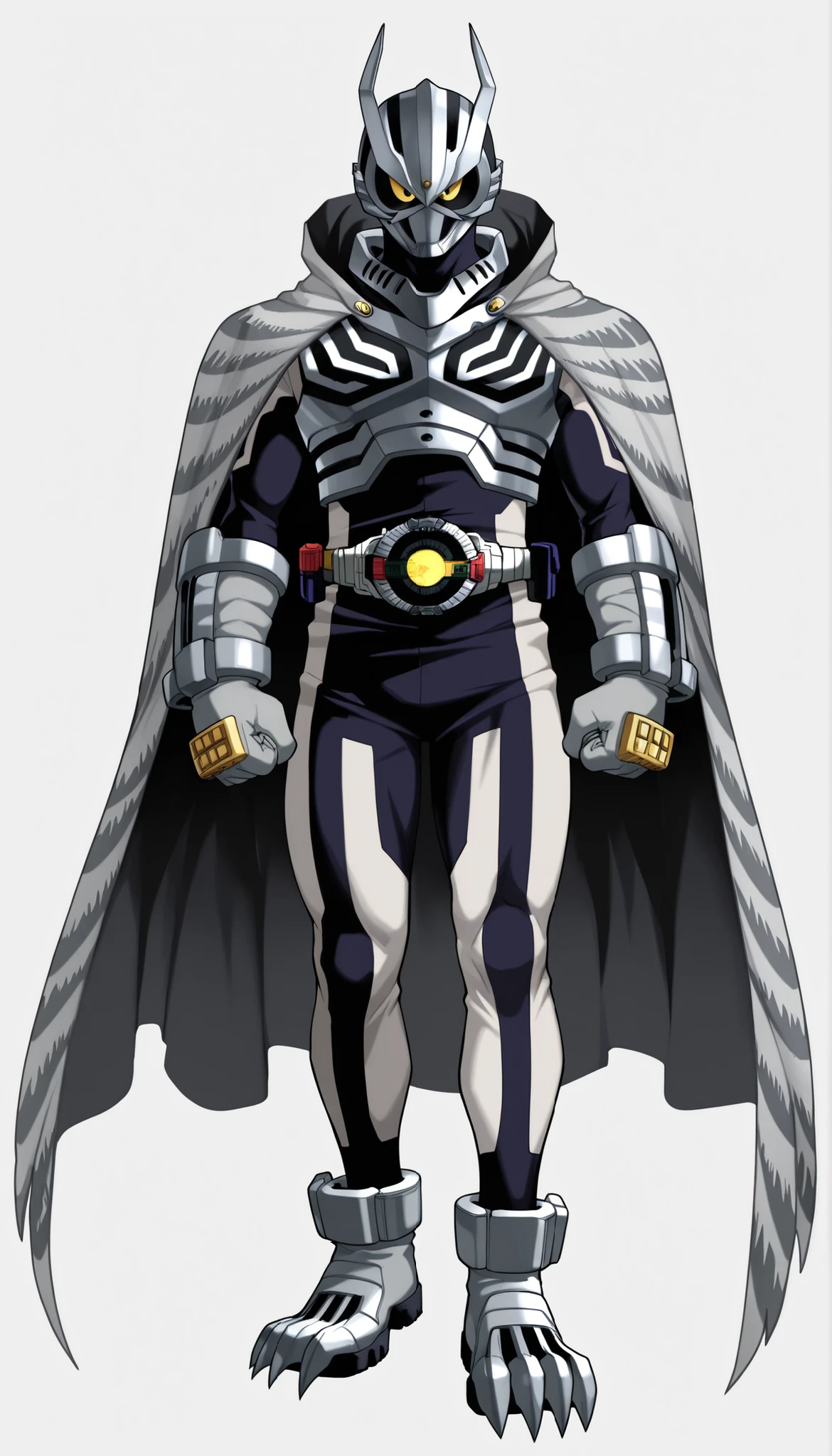 ((Highest Quality)), ((Simple light Grey background)), (My hero academia style), (Super Villain), ((1male)), ((male)), (1man), (man), solo, Two-tone bodysuit, Dark Gray and Light Gray bodysuit, bodysuit, Full body bodysuit, Gray Feather print Bodysuit, superhero bodysuit, Kamen Rider OC, Kamen Rider, Light Gray metal toe combat Ankle boots, Light Gray Ankle boots, ankle toe boots, combat Ankle boots, Light Gray metal combat gloves, combat gloves, Light Gray gloves, Two-tone helmet, Dark Gray and Light Gray Metal helmet, Dark Gray and Light Gray helmet and Black lenses, helmet with Black lenses, Owl helmet, (helmet with Owl face details), Black lenses, helmet on, Metal Owl Helmet, Two-tone cape, long cape, cape with black interior, light gray cape, light gray cape with black interior, long cape, light gray cape with feather pattern design, metal belt, belt, Owl face details on the helmet, hidden face, Clenched hands, claws, ready for battle, Thighs Gap, Knee gap, Ankle Gap, slim body, athletic body, slender body, full body, (My Hero Academia Style), (High Quality)), Standing, Simple Background, Light Gray Background, Simple Light Gray Background, Dark grey and black Metal chest plate, ((metal chest plate)), metal chest armor, dark grey windbreakers on shoulders, ((windbreakers on shoulders)),