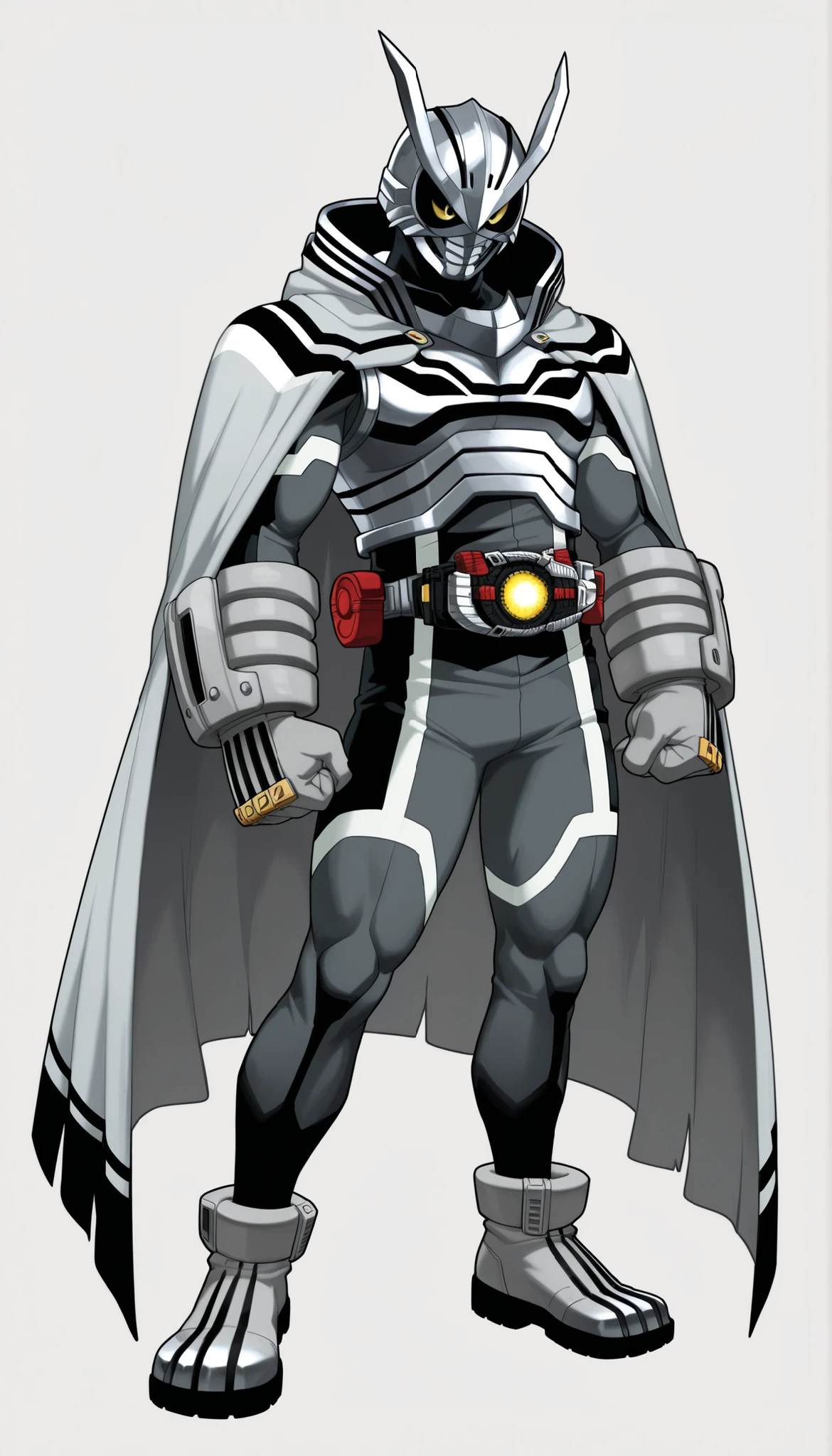 ((Highest Quality)), ((Simple light Grey background)), (My hero academia style), (Super Villain), ((1male)), ((male)), (1man), (man), solo, Two-tone bodysuit, Dark Gray and Light Gray bodysuit, bodysuit, Full body bodysuit, Gray Feather print Bodysuit, superhero bodysuit, Kamen Rider OC, Kamen Rider, Light Gray metal toe combat Ankle boots, Light Gray Ankle boots, ankle toe boots, combat Ankle boots, Light Gray metal combat gloves, combat gloves, Light Gray gloves, Two-tone helmet, Dark Gray and Light Gray Metal helmet, Dark Gray and Light Gray helmet and Black lenses, helmet with Black lenses, Owl helmet, (helmet with Owl face details), Black lenses, helmet on, Metal Owl Helmet, Two-tone cape, long cape, cape with black interior, light gray cape, light gray cape with black interior, long cape, light gray cape with feather pattern design, metal belt, belt, Owl face details on the helmet, hidden face, Clenched hands, claws, ready for battle, Thighs Gap, Knee gap, Ankle Gap, slim body, athletic body, slender body, full body, (My Hero Academia Style), (High Quality)), Standing, Simple Background, Light Gray Background, Simple Light Gray Background, Dark grey and black Metal chest plate, ((metal chest plate)), metal chest armor, dark grey windbreakers on shoulders, ((windbreakers on shoulders)),