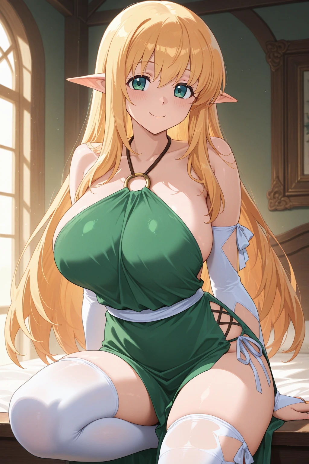 (8k, RAW photo, best quality, masterpiece:1.2), 1girl,solo, curvy, blonde hair, blue eyes, blush, smile, :D, ????????????, long hair, looking at viewer, white pantyhose, green and white dress, white gloves,, (vert_/neptune series/:1.1)