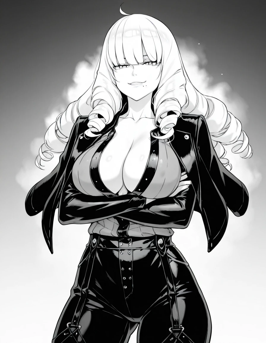 score_9, score_8_up, score_7_up,  
1girl, monochrome, Nanami nm, pointy ears, dark-skinned female, long hair, white hair, one side up, crown braid, , 

standing, white background, smile, grin, hands on , looking at viewer,
black gloves, black shirt, sleeveless, slingshot top, fishnet leotard, thighhighs, cleavage,