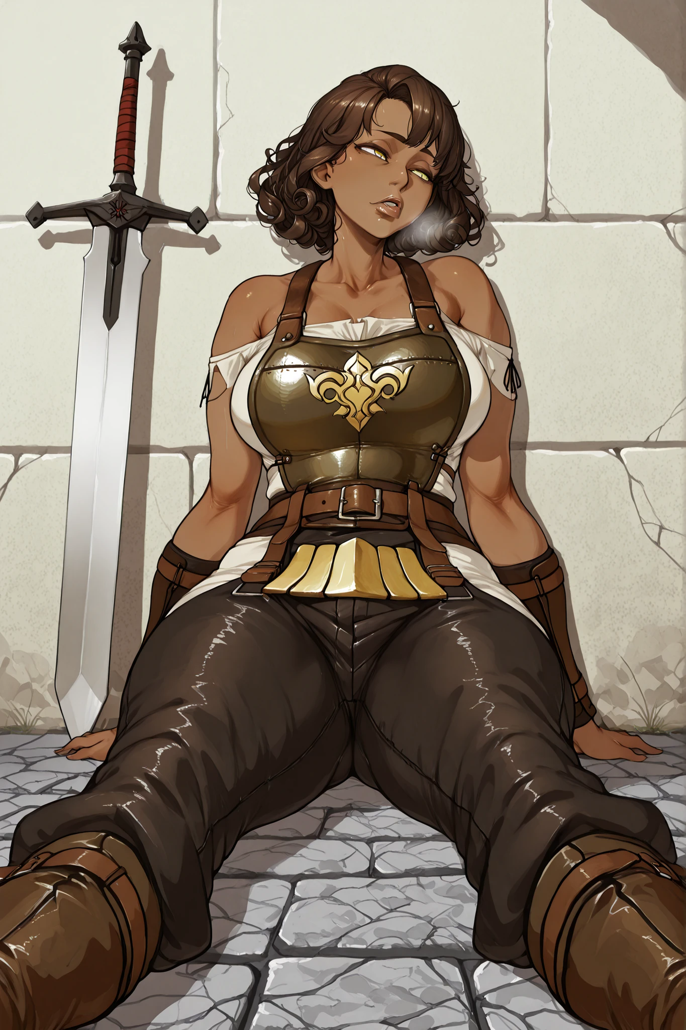 A woman between 25 and 30 years old with dark brown skin and long curly hair cascading around her shoulders, sitting on the stone floor with her back against a castle wall, legs stretched out in front of her. Low frontal angle view from floor level. She looks tired and relaxed, yellow golden eyes gazing off to the side, full lips in a neutral expression, head tilted back against stone. Medieval brown leather cuirass,  powerful shoulders and arms resting at her sides, leather bracers, wide belt, tight dark trousers, tall boots.  rising with her breathing. Sword leaning beside her. Dim torchlight, end of day exhaustion, intimate ground-level perspective, vulnerable resting moment.