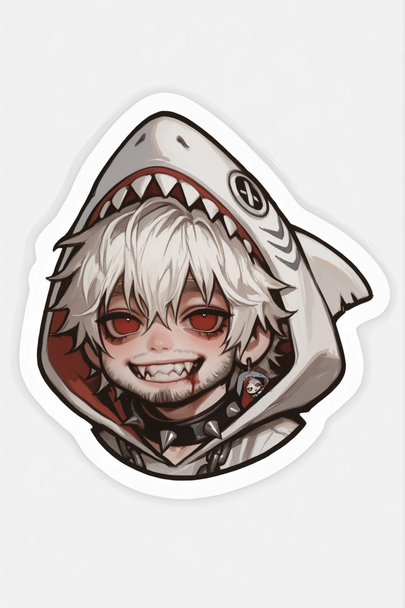 semi-realistic midjorney chibi art style of a chubby young man, chibi Hes got pale white bleached emo messy bangs that cover his eyes, long white messy bangs, Hes got a chubby soft and round cherubic face with pale skin. Hes got sharp teeth grin. He has a chubby body with soft chest and thick thighs. Wearing a white hoodie white shark kigurumi with a white shark hood that has fake teeth and button eyes. Wearing his white hood on. Wearing chain necklaces, chokers, spiked jewelry. He has black jeans with chains dangling from his jeans loops and wearing spiked bracelets and black tennise shows, Wearing a shark themed charm on his jeans loop. Dynamic pose sitting in a cafe booth at night drinking a blood red drink from a straw, Bloody, fangs, chubby, plus size, vampire, masculine, man, hairy, goth, grunge, emo,fat, obese, punk, masculine, man, bearded, hairy, chibi, bearded, facial hair