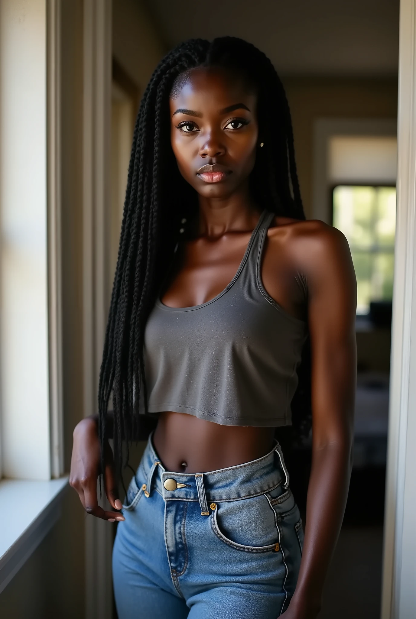 candid full body portrait low angle shot of a young Black teenage woman at home, slender body, natural beauty with alluring eyes, seductive sexy tight jeans that accentuate her curves, casual crop top revealing toned midriff, relaxed pose against doorframe, soft natural window light creating gentle shadows, intimate atmosphere, arrogant superior vibes, commanding expression, shallow depth of field, photorealistic, 85mm portrait lens, professional photography