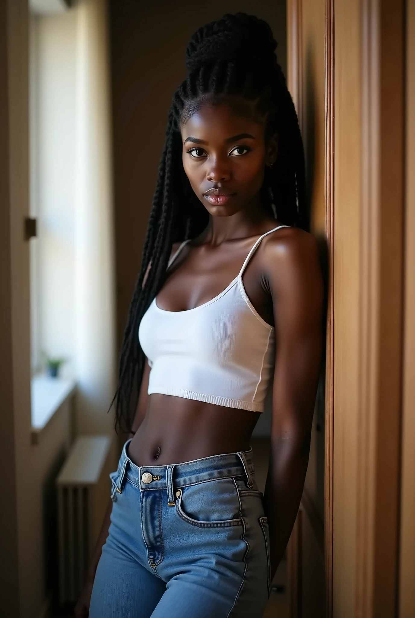 candid full body portrait from a steep low angle of a young Black woman at home, slender athletic build, natural beauty with captivating dark eyes that command attention, wearing form-fitting high-waisted jeans that perfectly accentuate her curves, casual white crop top revealing toned midriff, relaxed yet confident pose leaning against wooden doorframe, soft natural window light streaming in creating gentle shadows across her face, intimate atmosphere in modern apartment setting, slightly arrogant expression with one eyebrow raised, commanding presence, shallow depth of field with background slightly blurred, photorealistic detail, shot with 85mm portrait lens, professional photography with perfect exposure