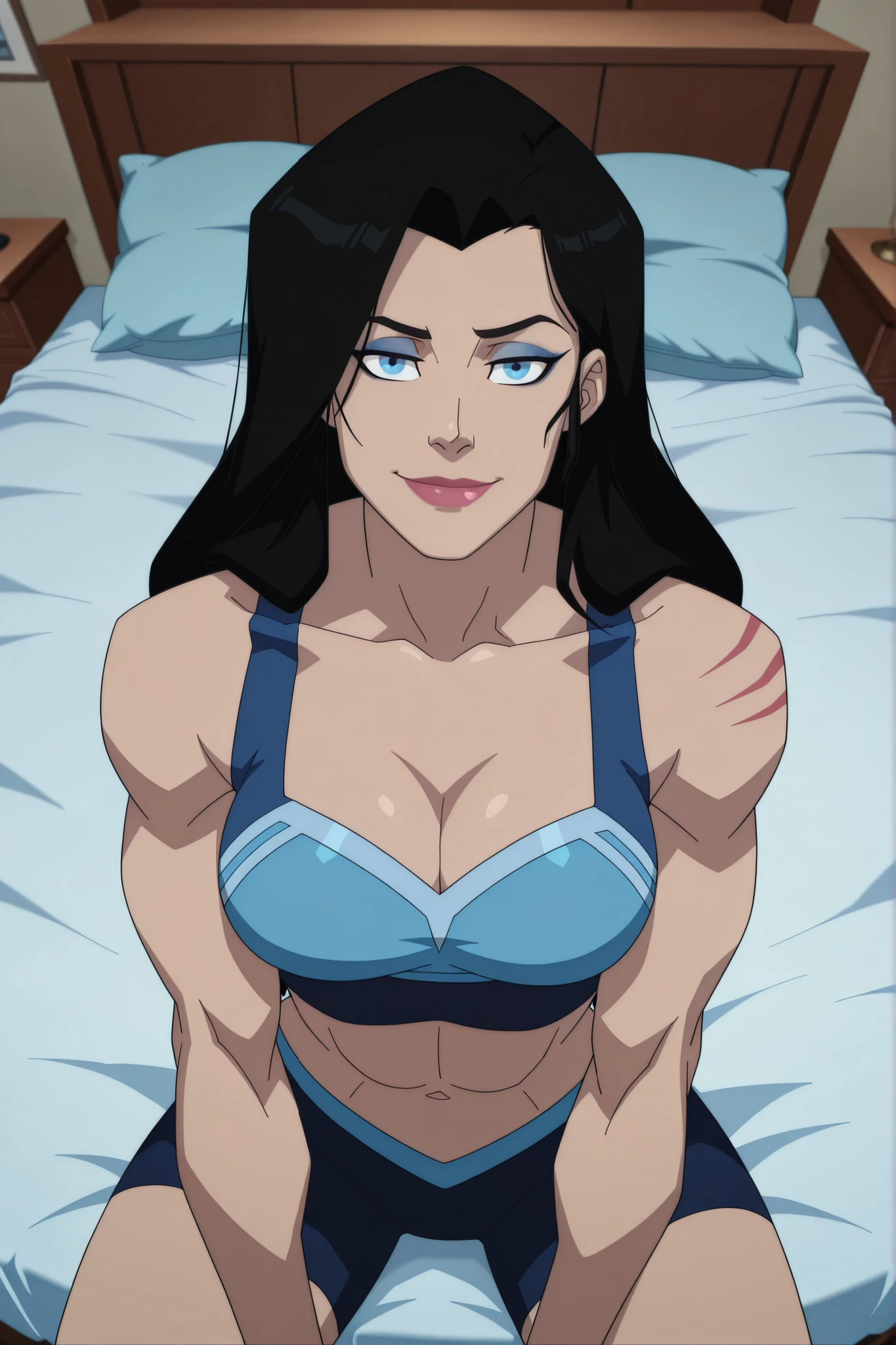 BREAK, score_6_up, score_7_up, score_8_up, score_9, 1girl, solo, long hair, blue eyes, black hair, bare shoulders, blue eyes, muscular female, midriff, bare shoulders, lipstick, makeup, wwBl00d, large breasts, busty, cleavage, curvy, athletic, looking at viewer, seducing viewer, teasing viewer, seductive expression, smiling, closed mouth, bedroom eyes, blue sports bra, blue bike shorts, indoors, bedroom, sitting on bed, closeup, portrait, upper body, high-angle view, blue eyeshadow, black eyeliner, black mascara