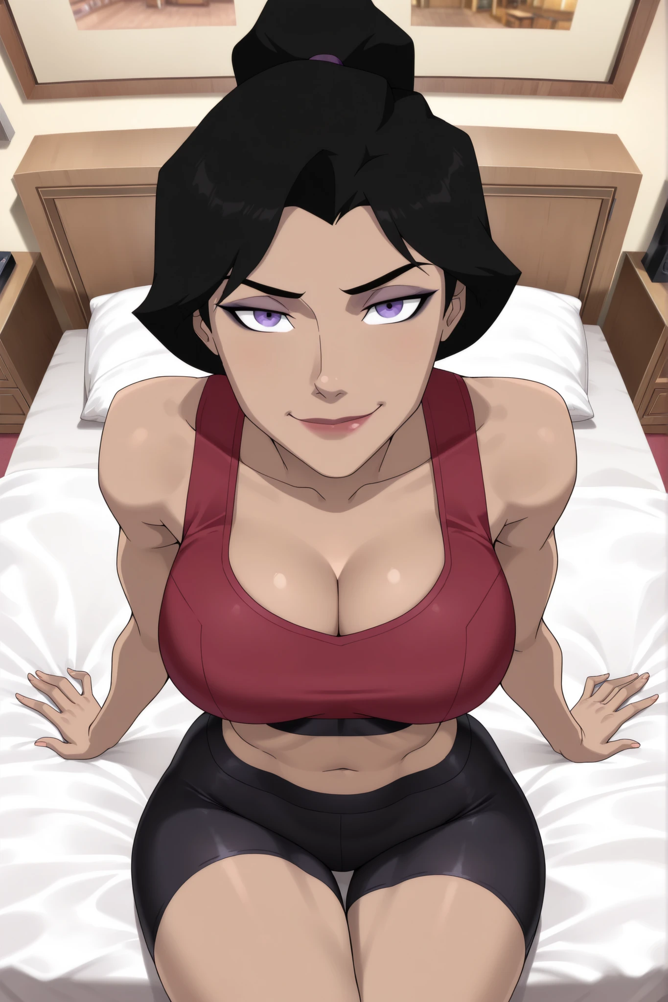 ((parody), perfect anatomy, perfect eyes) BREAK lois lane, black hair, ponytail, purple eyes, lipstick, makeup, ((looking at viewer)), large breasts, busty, cleavage, curvy, athletic, red sports bra, black bike shorts, teasing viewer, seducing viewer, bedroom, indoors, sitting on bed, closeup, portrait, smiling, closed mouth, seductive expression, bedroom eyes, upper body, portrait, closeup, high-angle view, dark purple eyeshadow, black eyeliner, black mascara
