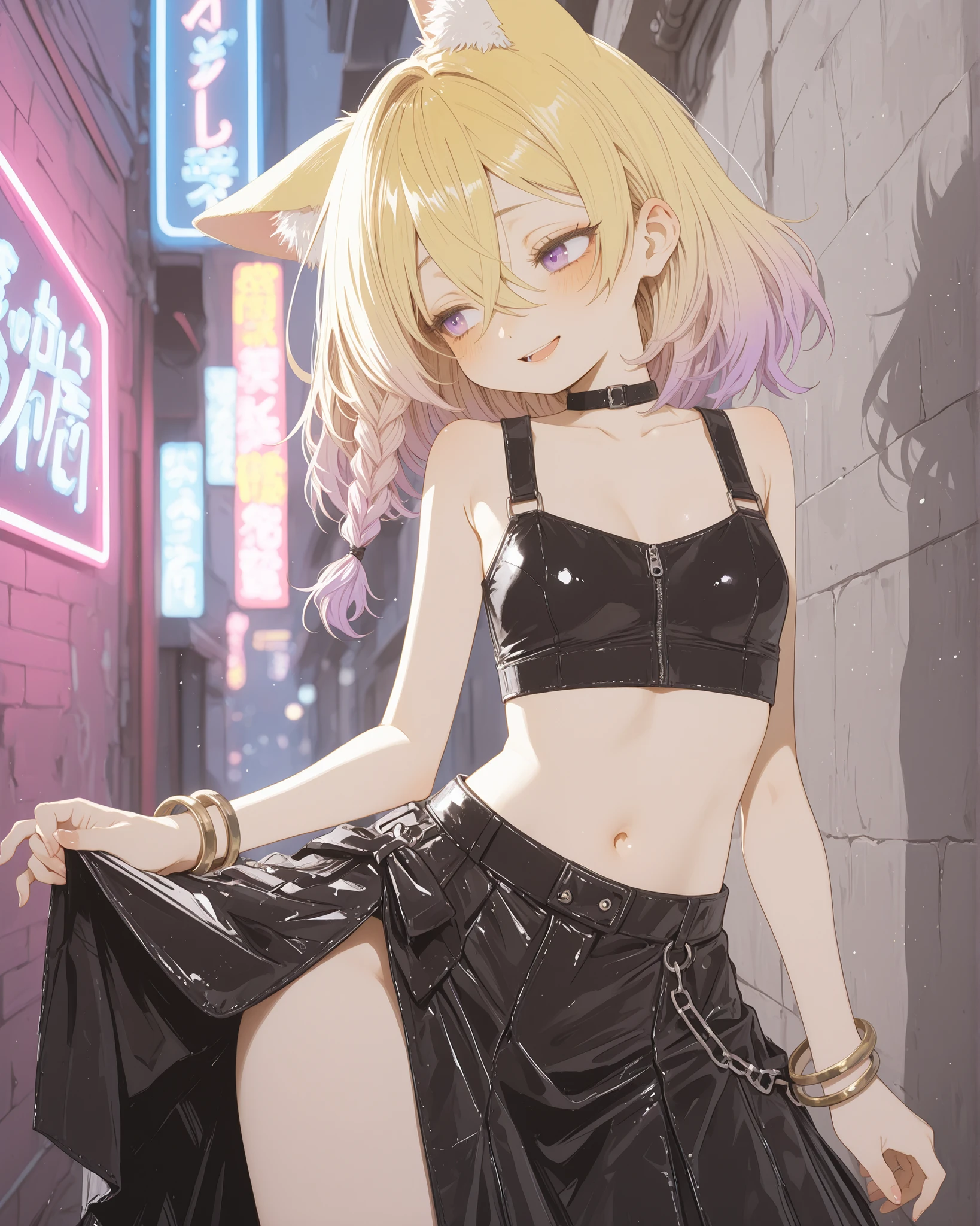 ((Abara Heiki style)), ((Masterpiece)), ((best quality, amazing quality)), ((very aesthetic, absurdres, newest)), ((detailed background, negative space, blurry background, depth of field, Asymmetrical background)), (dynamic angle, wide shot), (cinematic lighting), ((1girl, solo)), cute young Girl, (Healthy Gaunt body, Textured skin, small , cleavage, tilt head), (blonde hair, gradient hair, Pastel colors Hair Tip, loose braid, medium hair), (hair between eyes, long bangs, long side bangs), Beautiful collarbone, smile, open mouth, blush, (fuzzy Cat ears), BREAK, (Glossy leather fabric croptop, punk style croptop, diagonal croptop, black croptop), shouders, cute navel, (Wearing midium sarong skirt, black skirt), heavy bangle, (pale purple eyes, gradient eyes, averting eyes, looking at side), (cute cheeks), glossy lips, (lower eyelashes), outdoor, wind blow, (loose contrapposto on the concrete way, ), aged concrete way, (Unsafe back alley, English neon sign), midnight, dimly lit alleyway, ((lift up the skirt, lift by self)),