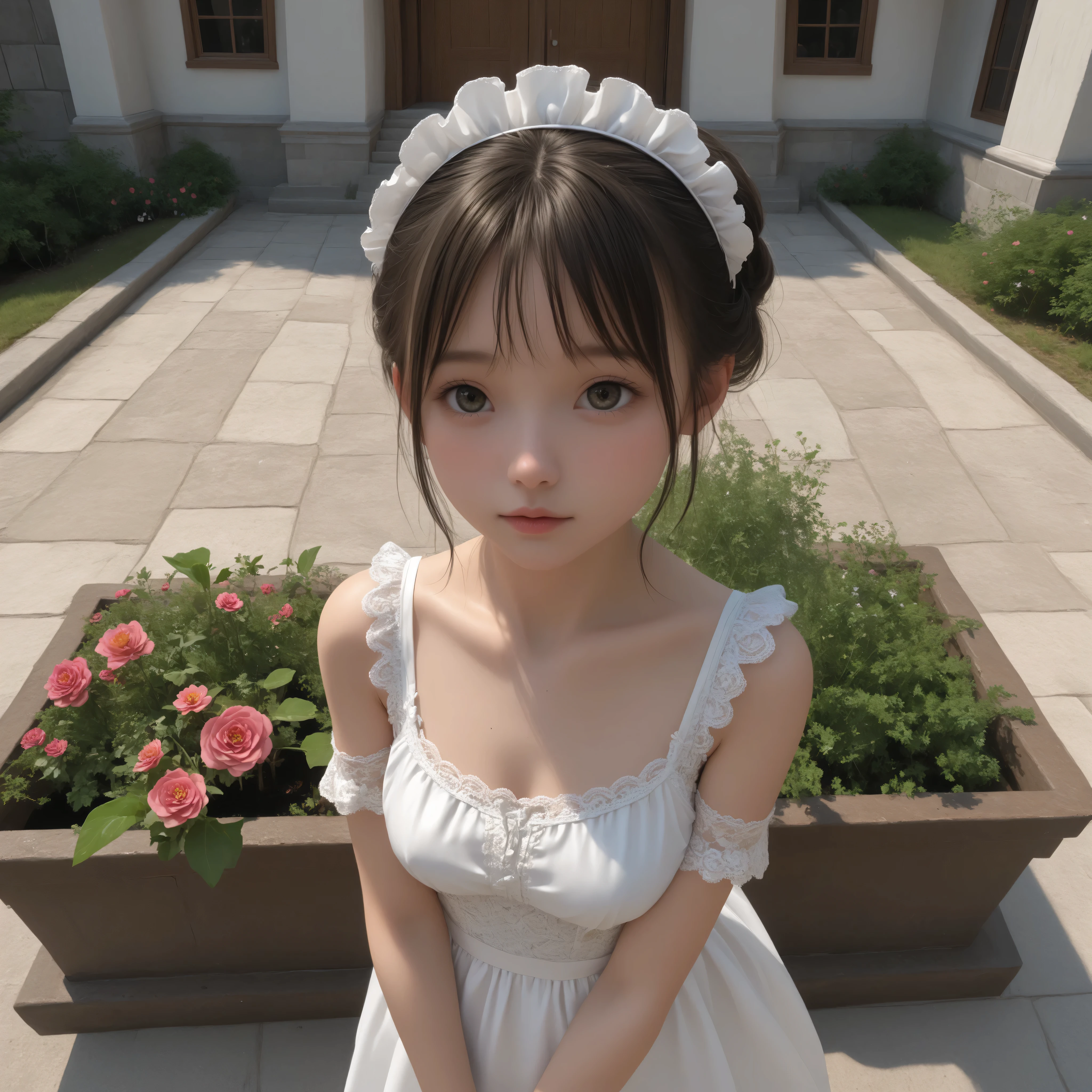 1 Girl、maids,Watch viewers,(skinny:0.41),(younger:1.49),from above,slouching forward,(big boobs:0.72),is watering flowers outside the mansion,japanese,(Smile Yang:0.19),black lace stockings