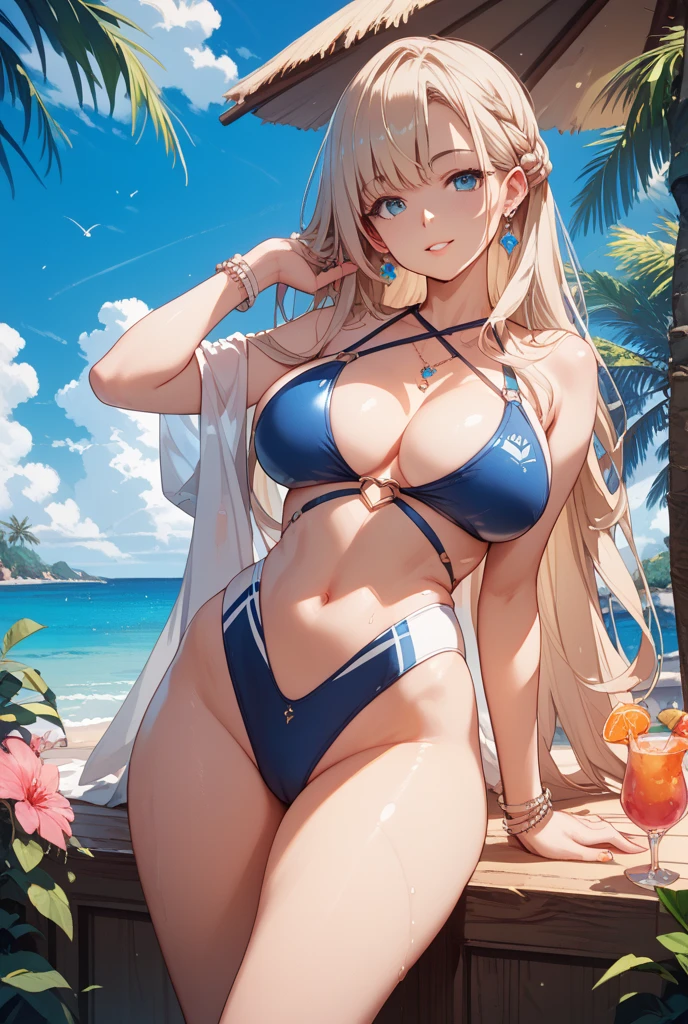 masterpiece, best quality, beautiful art, high resolution, well formed hands, body and fingers, 1 woman, solo, Jean Gunnhildr,  adult, big breasted, cleavage, hair ribbon, wearing a Tyris Flare outfit, full body,  and skimpy , gorgeous legs and thighs , dancing seductively and erotically, turning backwards and forwards, showing her back and front, showing her , t -back,  , smiling joyfully, looking at the viewer, , beach environment 