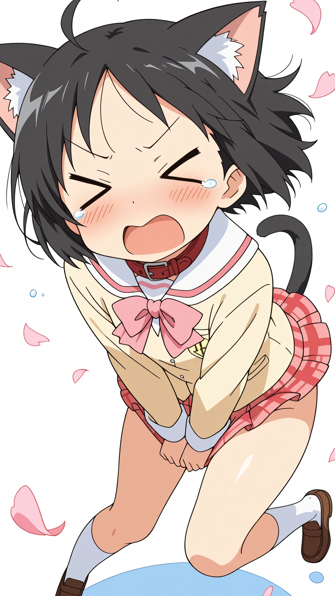 ((from above)),dramatic angle,(((face focus))),ahoge,(nsfw) , ((anime style)) , score_9 , score_8_up , score_7_up , source_anime , nano shinonome , yasuna oribe , ((dramatic angle)) , black short hair , (middle parted hair) , (((((>o<))))) , (black hair) , black Cat ears , black Cat tail , (((Skirt flipped up by cat's tail))) , ((red leather collar)) , 1woman , (((solo))) , (((((((mini skirt))))))) , ((((A glimpse of her thighs)))) , white sox , brown loafers , ((knee)) , long sleeves , yellow school uniform , plaid , red skirt , plaid skirt , tokisadame school uniform , (short torso) , ((no panty)) ,blush , (tears) , v-shaped eyebrows , ((((skirt tug)))) , ((((wind)))) , running motion , ((((mini Skirt flipped up by the wind)))) ,(white background),Flying petals,