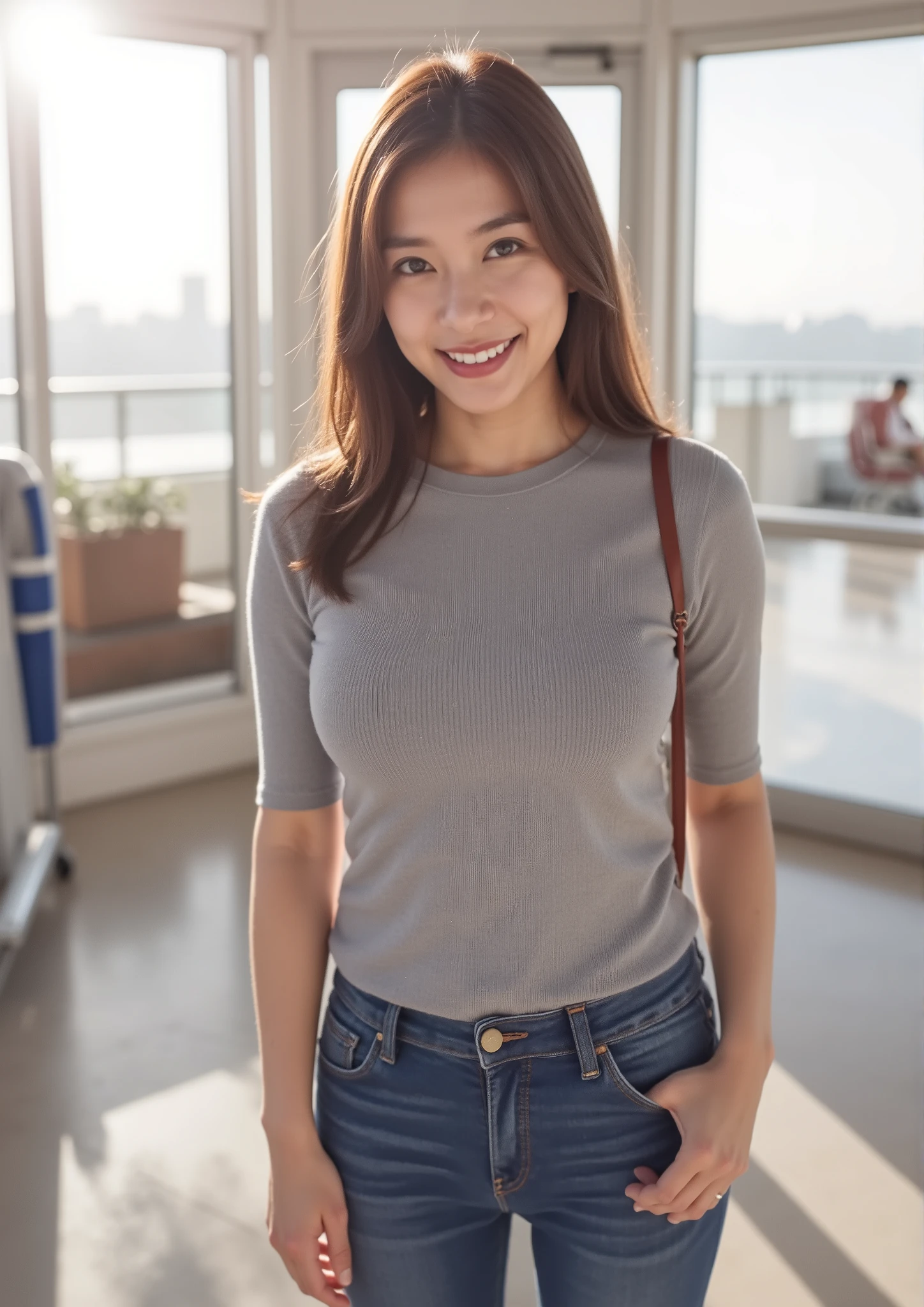 masterpiece,top quality,amazing quality,1girl, brown hair, brown eyes, Casual, Tight Shirt,,japanese_woman,very well-styled woman、very stylish woman、the body,NORMAL GIRL、It's see-through,Unmanned Airport Lobby、Warm Sunlight