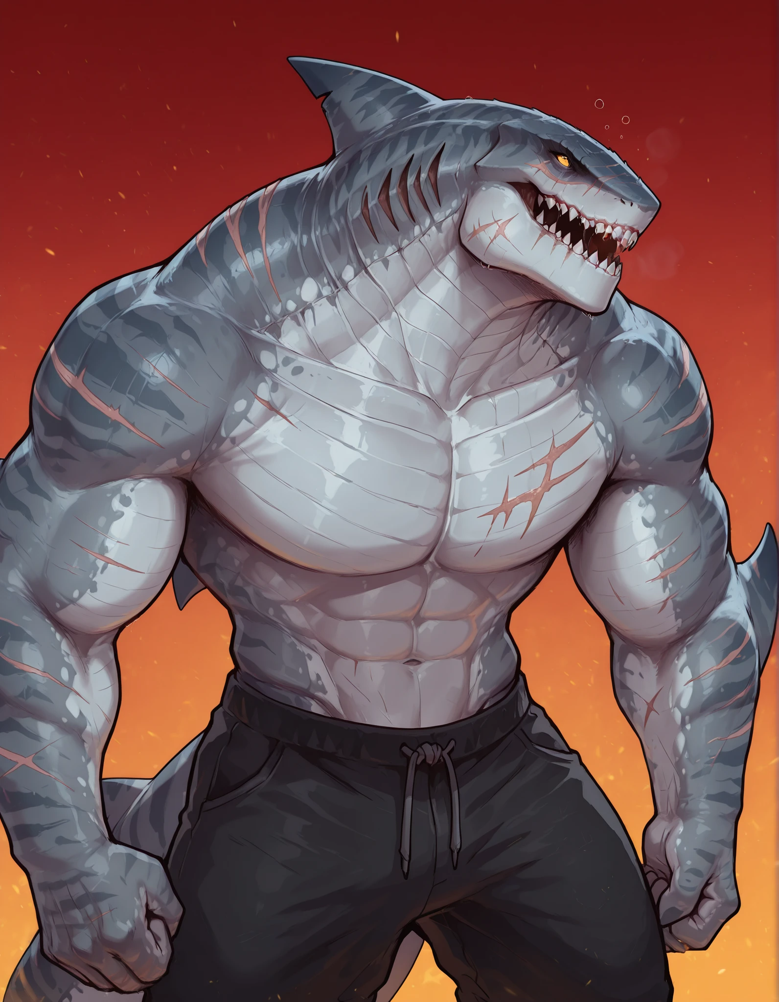 masterpiece, best quality, amazing quality, very aesthetic, absurdres, newest, scenery, extreme detail, 8k, dnd cahracter, anthro shark, detailed eyes, yellow eyes, anthro, shark, male, scalie, anthro shark, anthro megalodon, bulky, strong hands with fins, black back, solo, detailed skin, scars, lizard shark hybrid, thick tail, hunter, strong, scalie torso, detailed muscles, wearing armless black shirt, digitigrade legs, one dorsal fin, proporcional body, wide chest, trapezoid body type, marked jaws, thick shark tail, masculine, thick scales on arms and legs, trapezoid body type, wearing pants, marked jaw, scars, pensive, tired, upper body focus, simple gradient background