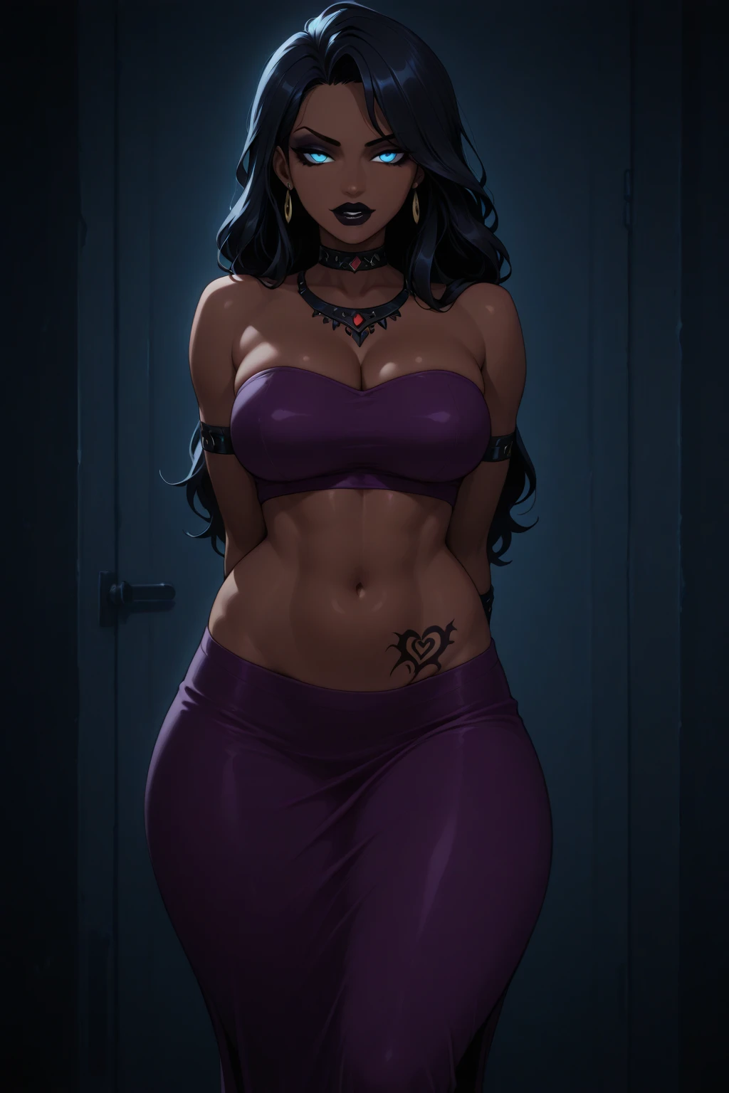 torso shot, Dark Gothic girl, black hair, braided ponytail, perfect ??????? 1girl tall solo, pale skin, slender and toned body, black ornamental ?????? bra, dark cape, slendered abs, ((navy black garter belt on ????)), midriff exposed, ((squeezed cleavage:1)), hourglass waist, detailed face, defined cheekbones, puffy lips, dark gauntlets, heavy makeup, shadow over eyes, looking at viewer, masterpiece, black thigh highs, black lingerie, boots