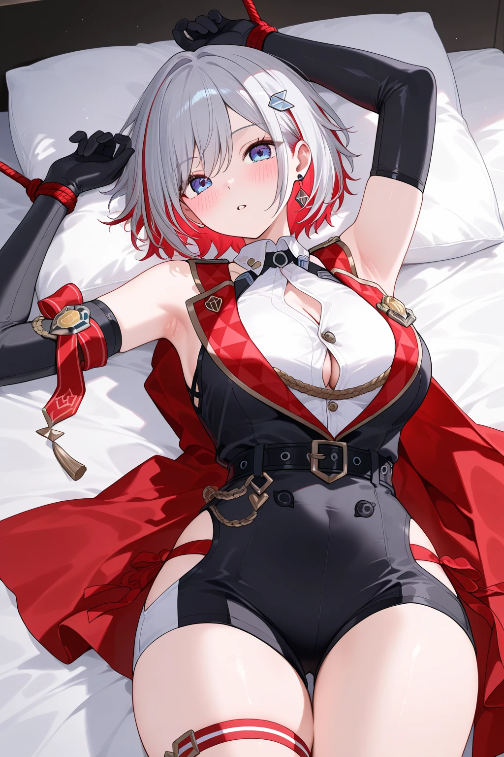 UHD, ccurate, masterpiece, anatomically correct, textured skin, super detail, best quality, 16k, 1080P,SOLO,(1 Female,huge oppai, white short hair,red eyes),(wearing A white Blazer:1.7)(White Bikini),(Spreading legs:1.9)(Legs lift),(Lying flat on the bed:1.7)(Bedroom),(sweating skin:1.7),(hands behind her head:1.7),(Genshin Impact/Arlecchino)
