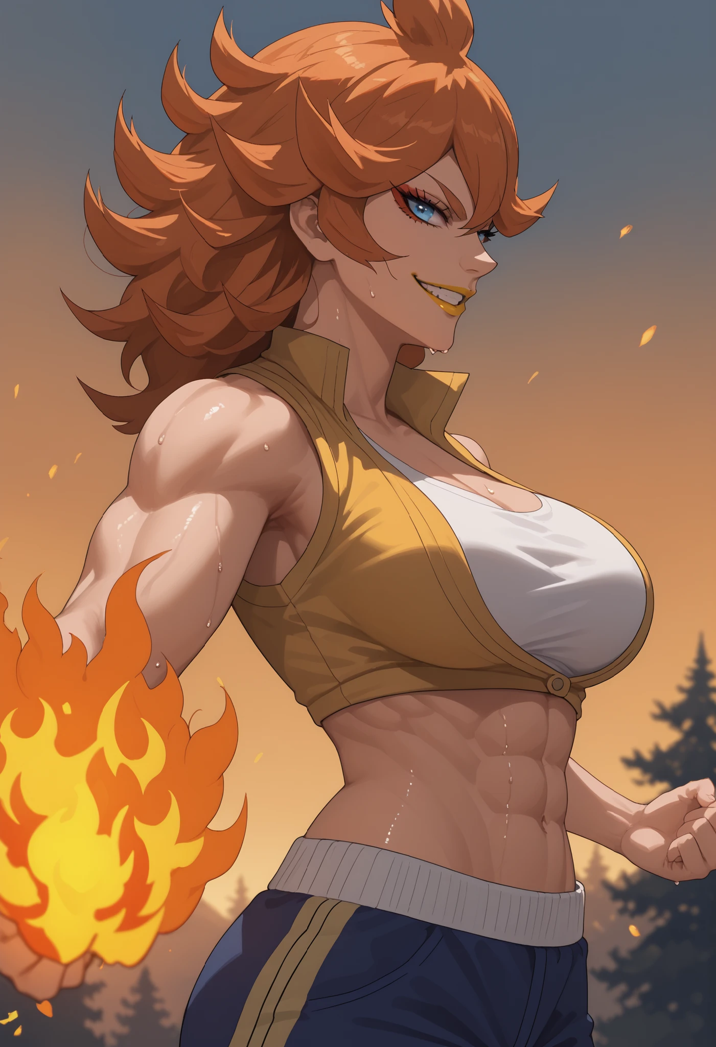 woman, large breasts, anime style, yellow lipstick, white skin, blue eyes, orange hair, strong, strong physique, fire, fighter, side view, sweating, training, looking at viewer, smile, sunset lighting, warm lighting, training camp, fire energy, white band across breasts, exposed midriff, no top, thin waist, open arms, Mereoleona Vermillion