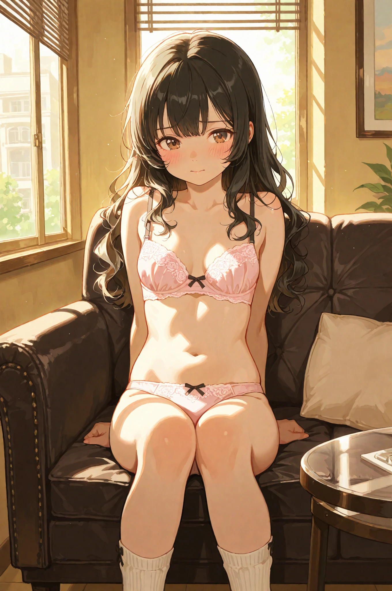 (super flat, flat shading, flat color:1.1)、An illustration、(One Asian boyish girl)、(cute:1.2)、Very beautiful 14 year old girl manga、cheeks are red、(high detail skin: 1.2)、Photorealistic anime girl rendering、Realistic anime 3D style、beautiful brown hair、intense black eyes、strong eye highlights、(get used to it、Medium chest)、perfect anatomy、hair is dirty、(sweaty)、Pale pink underwear、(wet with water)、spread your legs、head tilt、sit on the sofa、volume lighting、light from the front、bright、bright色、watercolor painting、hair band、frills、Camel claws, belly button 