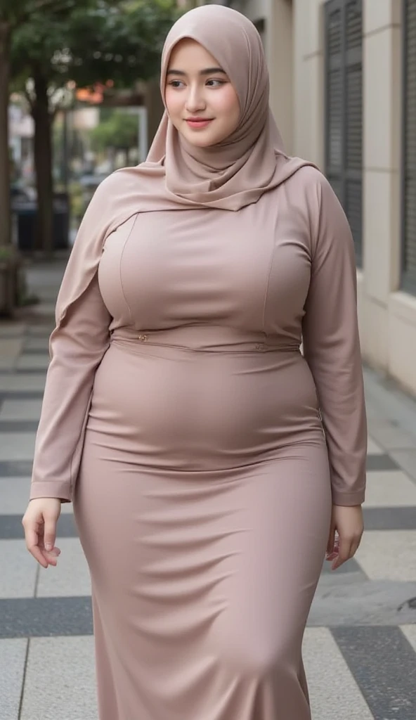 ((best quality)), ((masterpiece)), ((realistic)), 30-year-old, Japanese Hijab, short girl, cute face, mesmerizing blue eyes, short straight dark hair, extremely detailed, natural skin tone, big , skin with pores, wearing long sleeves plicated suit maxi dress, portrait, full body shot, fit body, wearing pink shoes, front view, walking in park, shallow depth of field, body fully covered with clothes except face and hands