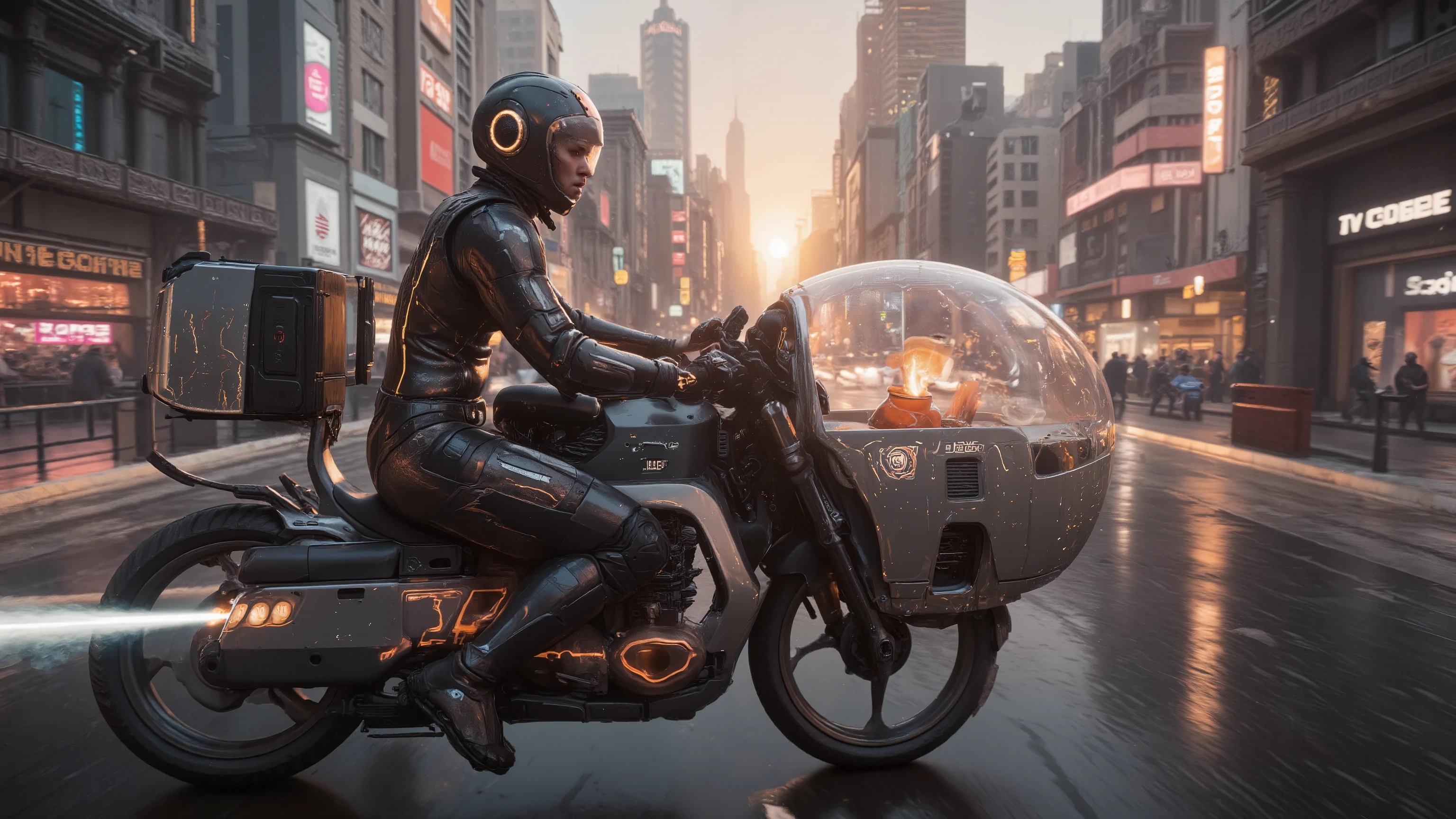 Sci-fi coffee courier piloting a sleek hover-bike through a neon-drenched cyberpunk cityscape at dawn, specialized temperature-controlled cargo pod containing a single artisanal coffee cup glowing with soft amber light, courier wearing streamlined exo-suit with transparent helmet revealing determined expression, augmented reality navigation system projecting route through holographic display, bike leaving light trails as it weaves between towering skyscrapers and ancient temple structures preserved within the metropolis, steam from coffee creating condensation patterns inside containment field, morning sunlight breaking through urban canyons creating god rays, photorealistic, cinematic composition, HDR, 32k resolution, award-winning