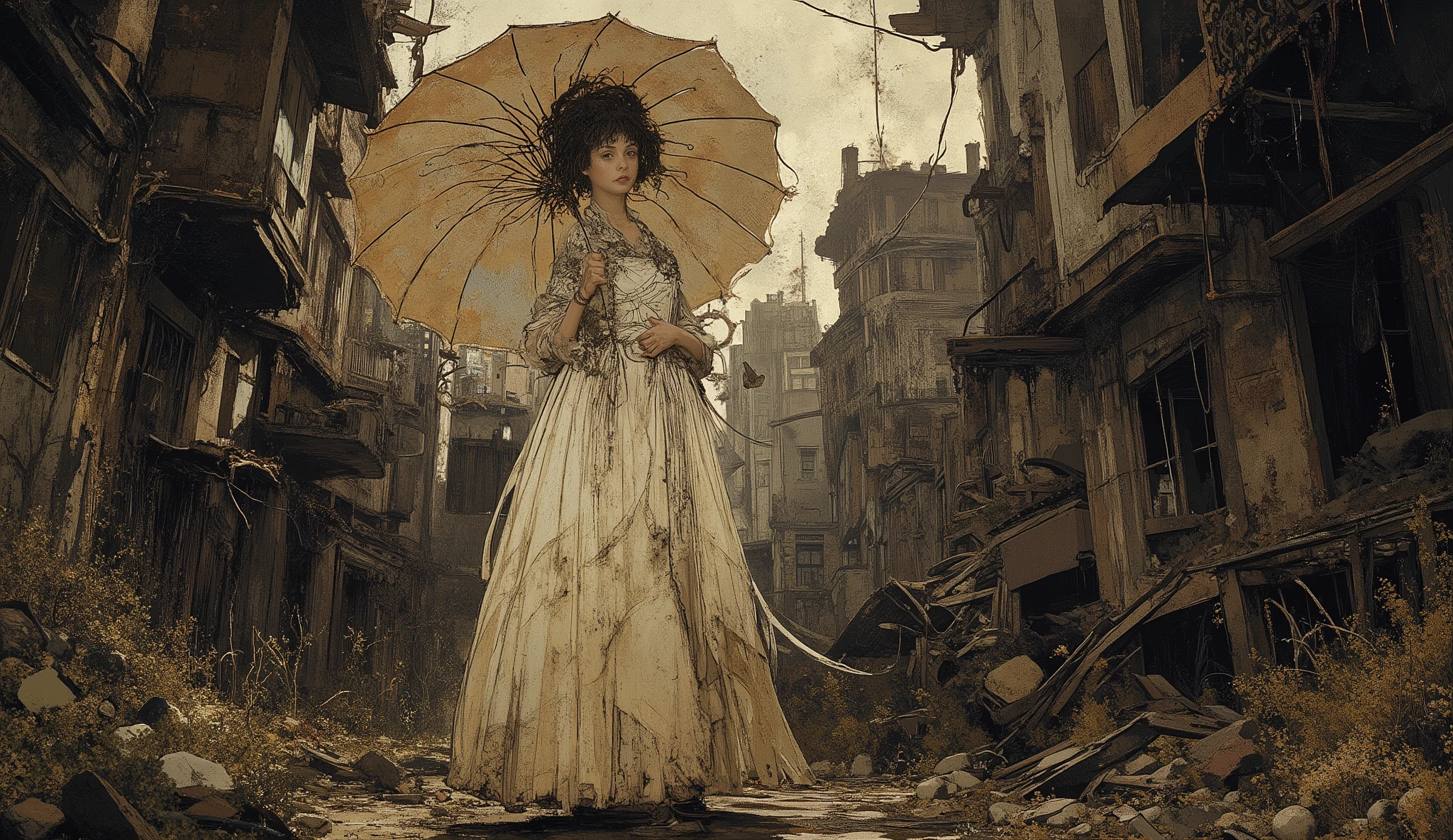 Lady with a Weed-Covered Parasol,elegance,nobres,vestido longo,Jovem mulher bonita,alta qualidade,illustration, escuro,Mal-humorado,cinematic,dramatic lighting,duro,Difficult,distopia,Abandoned buildings,Coberto de Ervas Daninhas,teia de aranha,cidade deserta,Rust,ruins,,sombras complexas,Tom Claro,tom frio,ultra detalhe,