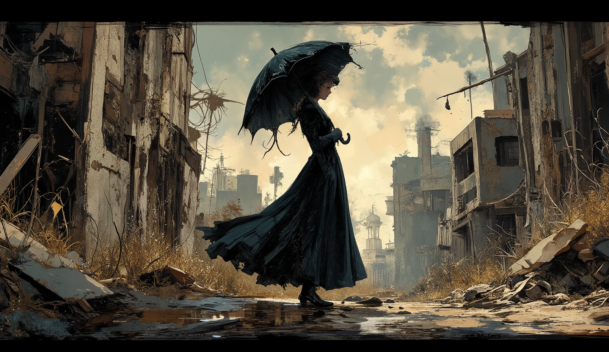 Lady with a Weed-Covered Parasol,elegance,nobres,vestido longo,Jovem mulher bonita,alta qualidade,illustration, escuro,Mal-humorado,cinematic,dramatic lighting,duro,Difficult,distopia,Abandoned buildings,overgrown with weeds,teia de aranha,cidade deserta,Rust,ruins,,sombras complexas,Tom Claro,tom frio,ultra detalhe,