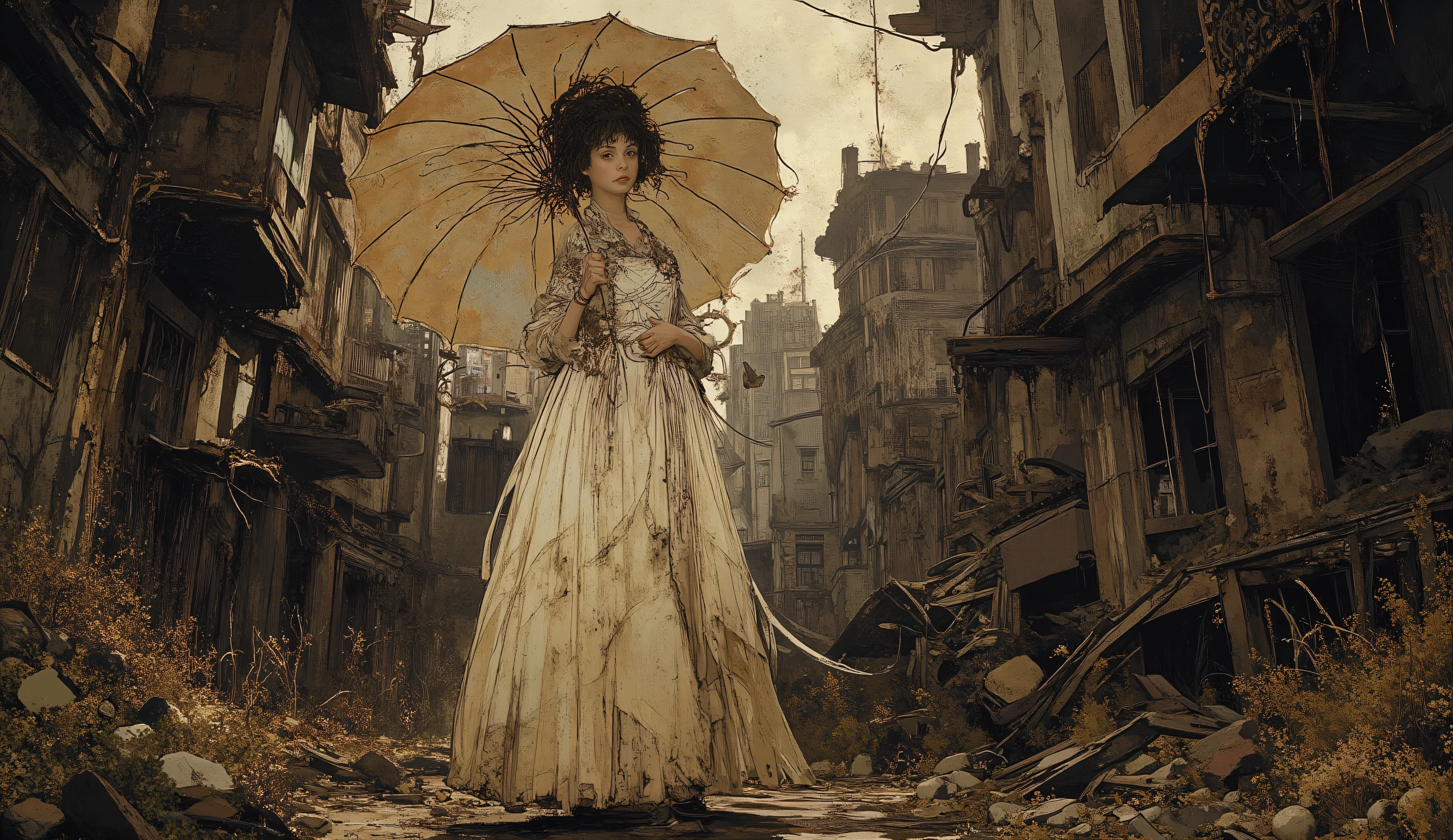 Lady with a Weed-Covered Parasol,elegance,nobres,vestido longo,Jovem mulher bonita,alta qualidade,illustration, escuro,Mal-humorado,cinematic,dramatic lighting,duro,Difficult,distopia,Abandoned buildings,overgrown with weeds,teia de aranha,cidade deserta,Rust,ruins,,sombras complexas,Tom Claro,tom frio,ultra detalhe,