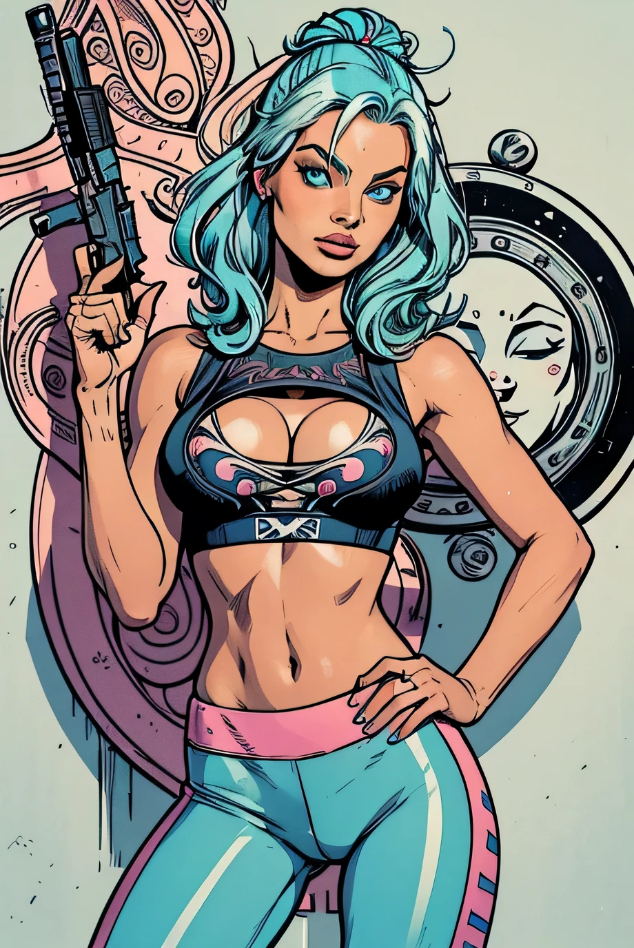 highly detailed,."graffitti background" .  margot robbie,yoga pants white top , (busty, pastel blue hair in bunchies), centered on the face, face focused, intricate eyes,hip hop style ,"pointing a gun 