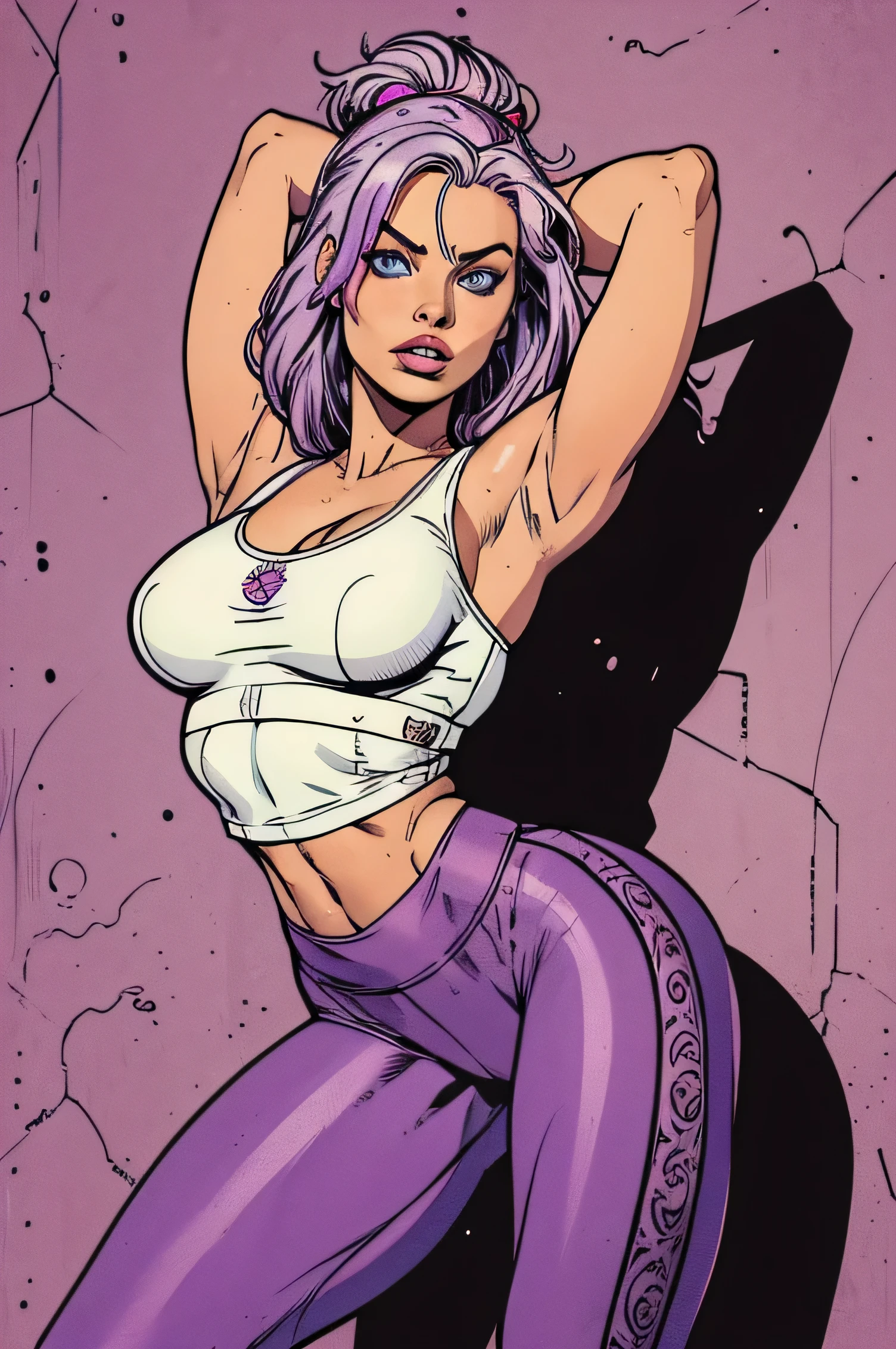 highly detailed,."grafitti background" .  margot robbie,yoga pants white top , (busty, pastelpurple  hair in bunchies), centered on the face, face focused, intricate eyes,hip hop style ,"