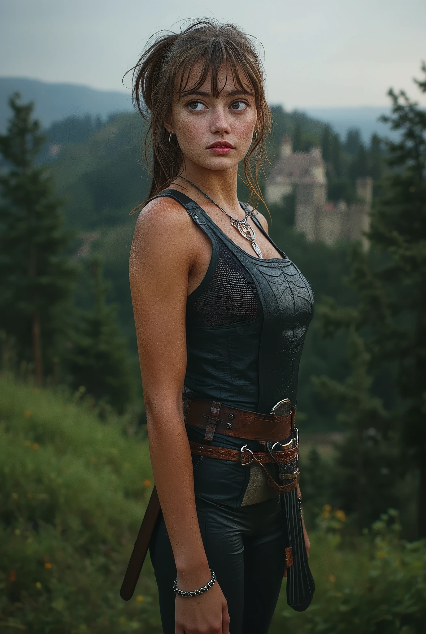 hyperrealistic photo : Ella Purnell, (masterpiece), (Better quality), (photorealistic: 1,5), 8k, detailed skin texture, beautiful detailed young face, complex parts, (( slender medieval Lara Croft as a witcher)), beautiful, hot, sporty, against the backdrop of a medieval landscape and a medieval knightly castle in the distance on a hill,((high quality full length photo )) ((and at her waist, the SWORD IN THE  hangs on her belt)) ,shoulder pads, order,light armor , raincoat,(а спиной двуручный меч, легкие доспехи,стройное мускулистое тело,средневековье,крупный план))