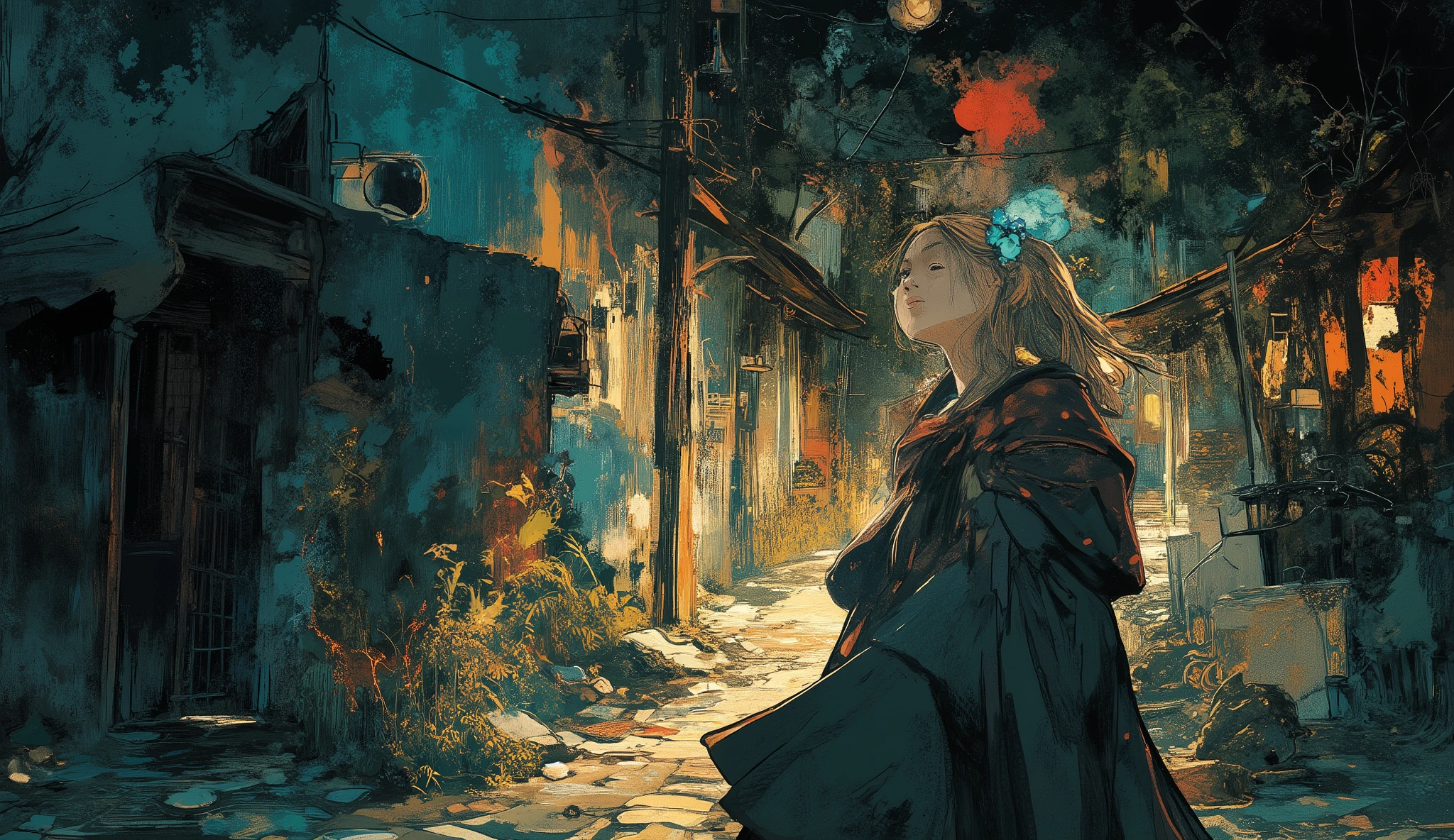 Senhora ,elegance,nobres,vestido ,Jovem mulher bonita,alta qualidade,illustration, cotidiano, ,cinematic,dramatic lighting,Serious, misterioso, casas antigas, ruas de pedra, old streetlights, igreja ao fundo, primavera, ,sombras complexas,Tom Claro,tom frio,ultra detalhe,