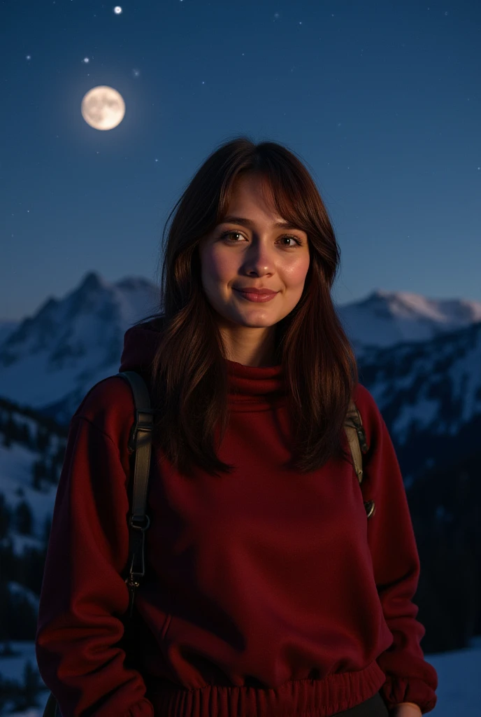 close-up selfie of a happy woman, masterpiece, best quality, ultra-detailed, outdoor only, (night), mountains, nature, (stars, moon) joyful, happy, backpack, sleeping bag, camping stove, water bottle, hiking boots, gloves, sweater, a, flashlight, forest, rocks, river, wood, Smoke, shadows, contrast, clear sky, analog style (looking at the viewer:1.2), (skin texture) (film grain:1.3), (warm tint, warm tone:1.2), close, cinematic lighting, side lighting, ultra high resolution, best shadow, raw, close-up, wearing a sweater