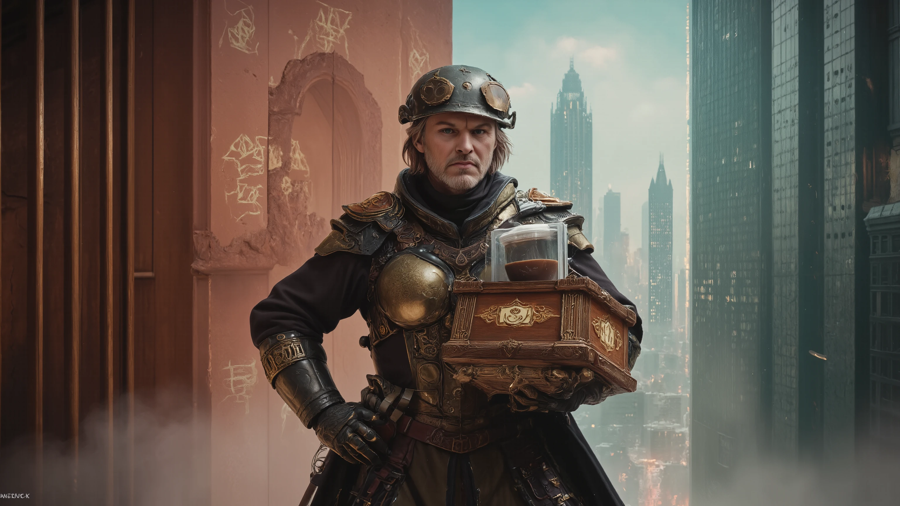 Mixed fantasy-sci-fi courier standing at the threshold between worlds—one foot in high-tech metropolis, one in magical realm—holding an ornate container crafted from both ancient wood and advanced alloys, inside which floats a perfectly preserved cup of coffee suspended by both gravitational technology and magical energies, courier's outfit blending enchanted cloak with technological armor components, face weathered by journeys through multiple realities yet eyes showing unwavering dedication, background showing dimensional rift where skyscrapers and fantasy castles exist side by side, arcane symbols and digital code floating in air around him, photorealistic, dramatic lighting, HDR, ray tracing, 32k resolution, award-winning cinematic composition