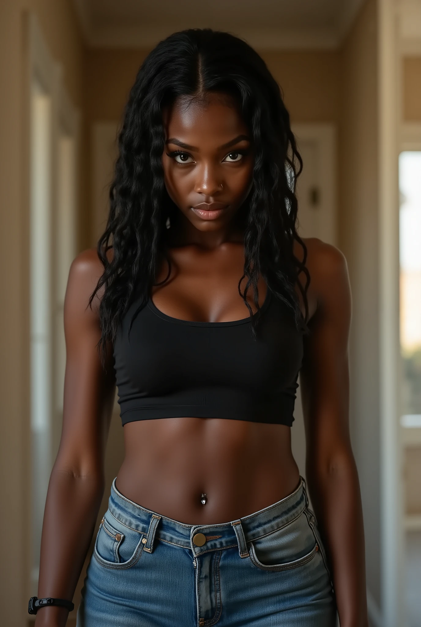 low angle shot of young black teenage woman in tight jeans, dominant, visual focus on her buttocks from below, wearing tank top, at home, masterpiece, photoreal