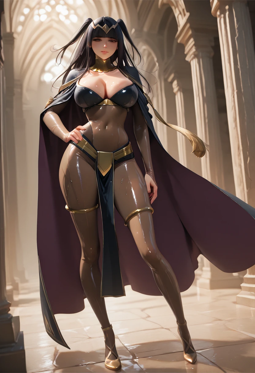 ((green background,1:2, master piece)), full body  BIMBO standing with two long thighs and two high heels, red eyes, silver white hair, short bob style hair, big breasts, cleavage, separate sleeves, tiara royal, long cape up to two feet, yellow bikini, hands on waist, navel,  smiling smile face (red blush), metal shoulders, gold sleeveless armbands, black choker, shackle bracelets