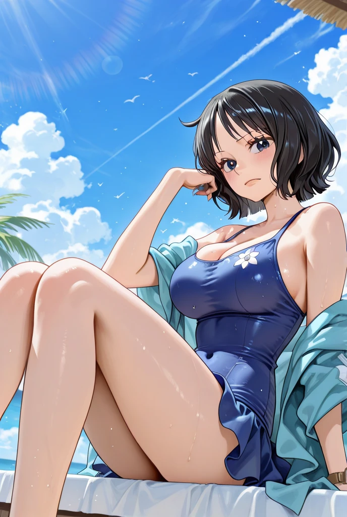 beautiful girl, solo, green eyes, cleavage, short hair, hair band, sitting, looking at the viewer, smile, dress, choker, beach, collarbone, white dress, outdoors, water, bare shoulders, black hair band, bangs, big, sea, black choker, day, parted lips, earrings, thighs, jewelry, lips, grinning, teeth, see-through, sleeveless dress, between legs, mole, sundress, Hands Between Legs, V Arms, Sleeveless, Large Breasts, Wet, Silver Hair, Blushing, Sand, Shore, Halter Neck, Arm Garter, Spaghetti Strap, Artist Name, Pink Lips, Arm Strap, Bare Arms, Eyelashes, Hair Between Eyes, Ruffles, Bench, Piercings --auto