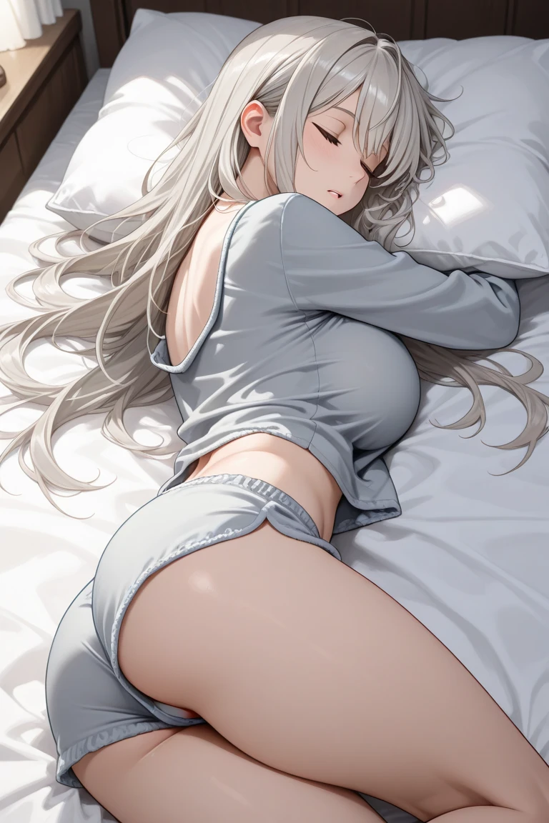 (absurderes、Absolute resolution、incredibly absurdness、hight resolution、ultra-detailliert:1.0、Official art)、​master piece, Sharp Focus ,Delicate Beautiful Hair and Eyes and Face, Lifelike, Hyper-detailing, a matural female, Dynamic Hair, slender,Nudists, (Wearing black tights and white low-rise panties),natural(large boob:1.2), Side, Transverse ,((The areol)),(teats),((exposed )), Beautiful cute woman,Smooth skin,(Delicate pale red hair),(length hair),Delicate yellow eyes, , , A look of frustration,(Lying face down on the bed), Lying face down, (Hug a pillow), , thighs thighs thighs thighs,  legs, (profile)