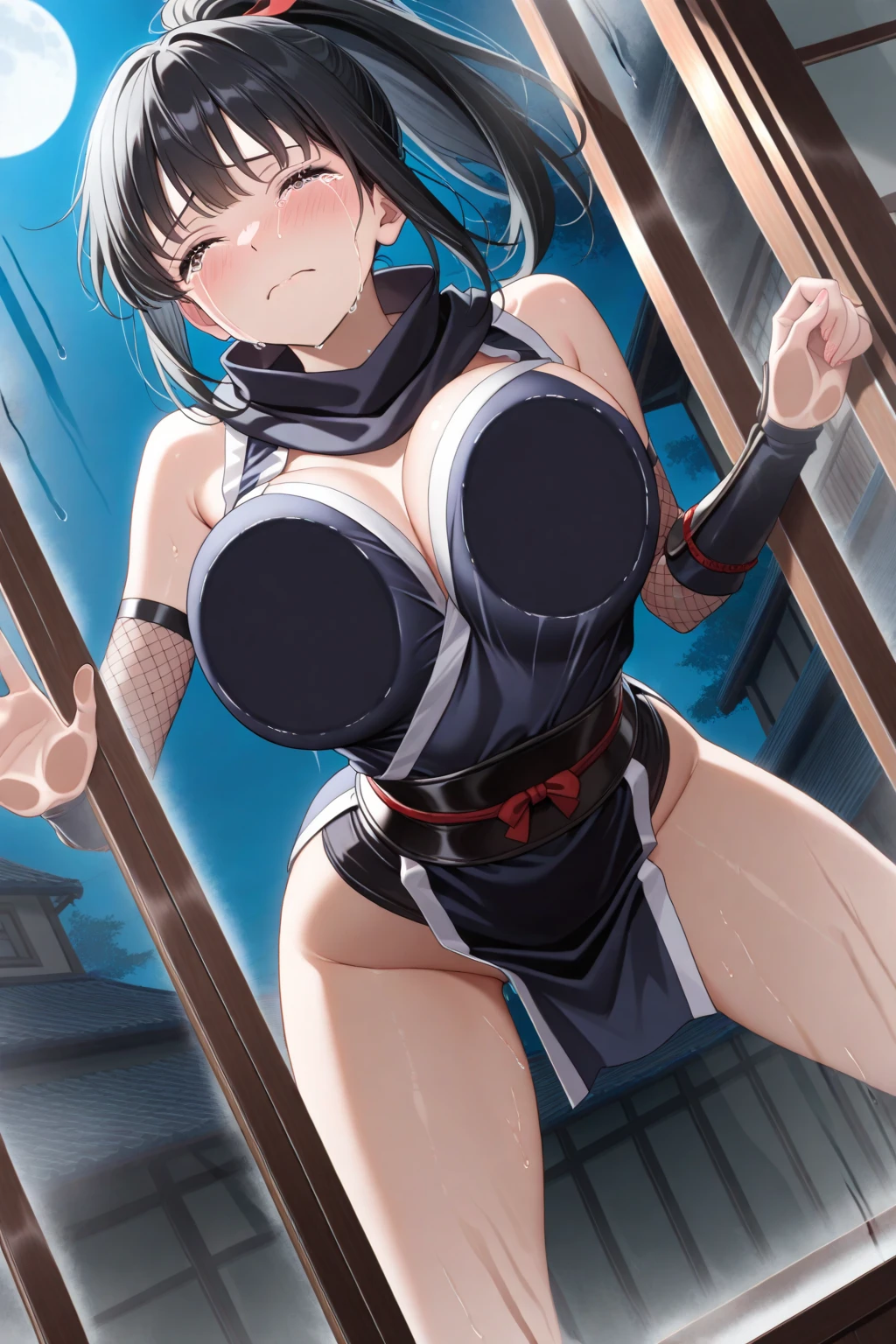 score_9、score_8_up、score_7_up,One girl,score_9、score_8_up、score_7_up,1girl,BDSM,((A woman is grabbed by the   by a man:1.5)),animal_collar, chain, chained, (:1.5), slave, , cage, fishnets, restrained,  bondage,nsfw,(torn clothes:1.5),shibari,(skindentation:1.2), black_thigh strap,(arms up:1.5)、Big Breasts、Puffy nipples、Small waist、Thighs、(8K, masterpiece), High resolution, high quality (最high quality), Sarah Palin、Dark Brown Hair、Realistic、 teacher, Captivating look、(No light、Dark basement、cage,Jail)、 Spectacular Dynamic Lighting, Beautiful Eyes, Delicate face, Detailed skin, Detailed , Vibrant colors、(The man's face is off-screen)、At random angles