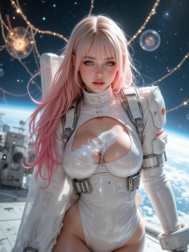 Best Quality, Masterpiece, 16k, RAW (overhead view) Cute redhead with pink silver colored hair tips, 16-year-old girl, happy, smiling, in pony tail, perfect eyes, clear sparkling blue eyes, pale skin, silky smooth skin, flying a fancy metal luxurious space ship, futuristic cockpit, she's a pilot, outer space seen in windows, dark warm lighting, wearing a sheer, see though, pleated (chemise) nightgown (pastel colors, and polka dots), puffy sleeves.,tiny tits,Very thin,Are thin,Very small breasts,Small Bust,Small breasts,Small hips,Small waist,Flat Chest,Boarding a state-of-the-art helicopter,Aerial view of a futuristic city,Shoulders exposed skin,The belly button is exposed,No makeup,no makeup,no lips,sobriety,No lip,Korean famous idol beautiful girl,Beautiful girl dancer,Vietnamese Beautiful Girl,
