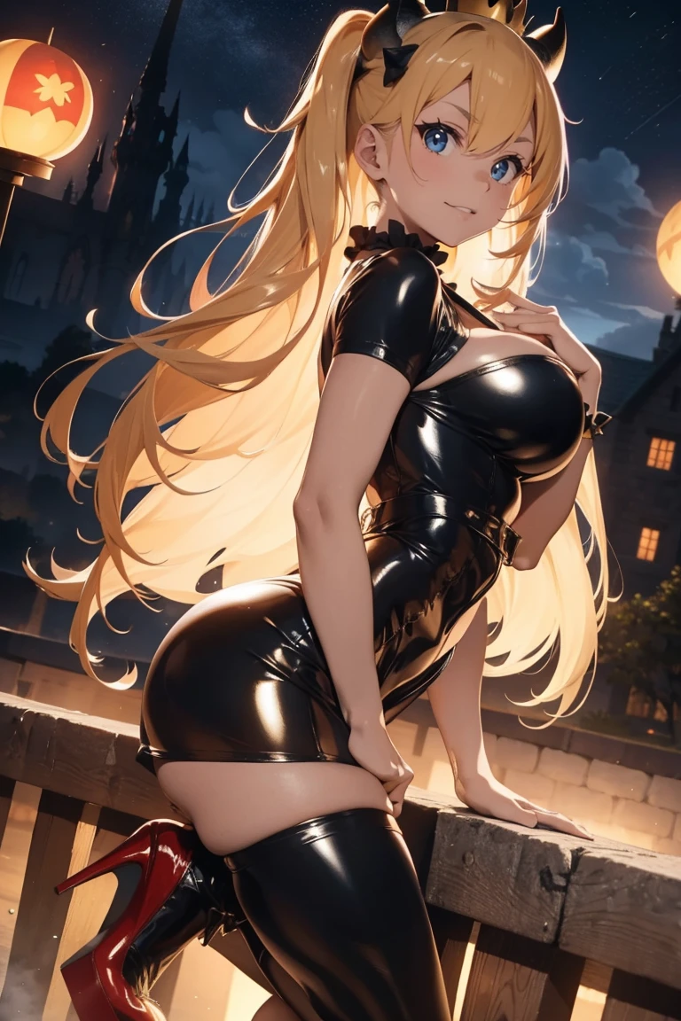 
one young teenage bunny girl and elegant black  body, she has fake bunny ears, she is blond with blue eyes, she is very fine , her fine chest, her chest is flat, she has small breasts, she has pretty hips and  shoulders, she looks shy, her back well arched. she is in beautifull garden very blossomn and sun light