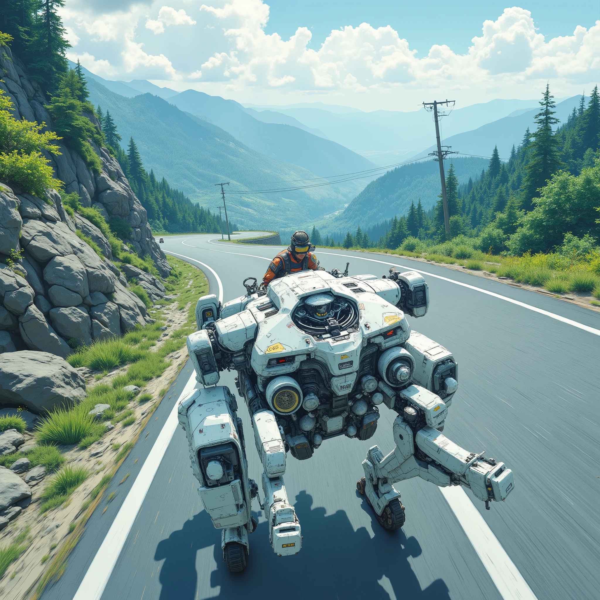 (masterpiece), (best quality), (illustration), (highly detailed), (concept art style),

A cinematic sci-fi illustration set in a near-future Japanese mountain region.
From a bird’s-eye, top-down perspective, the viewer looks down at a paved mountain road winding through dense forest, rocky slopes, and layered greenery beneath a cloudy sky.

On the road below, a multi-legged robot races forward with powerful, rhythmic movement.
Its mechanical legs strike the asphalt in rapid succession, creating a strong sense of speed and momentum visible even from above.

Atop the machine is an exposed pilot seat, with a rider wearing protective goggles and leaning into the motion, firmly gripping the open controls.

The high-angle viewpoint emphasizes the robot’s trajectory along the curving mountain road, the surrounding natural landscape, and the dynamic contrast between the peaceful environment and the high-tech machine in motion.

Subtle motion blur on the robot’s limbs and road markings, scattered leaves kicked up behind it, and the overcast lighting under a cloudy sky reinforce the sense of forward drive and high-speed travel.